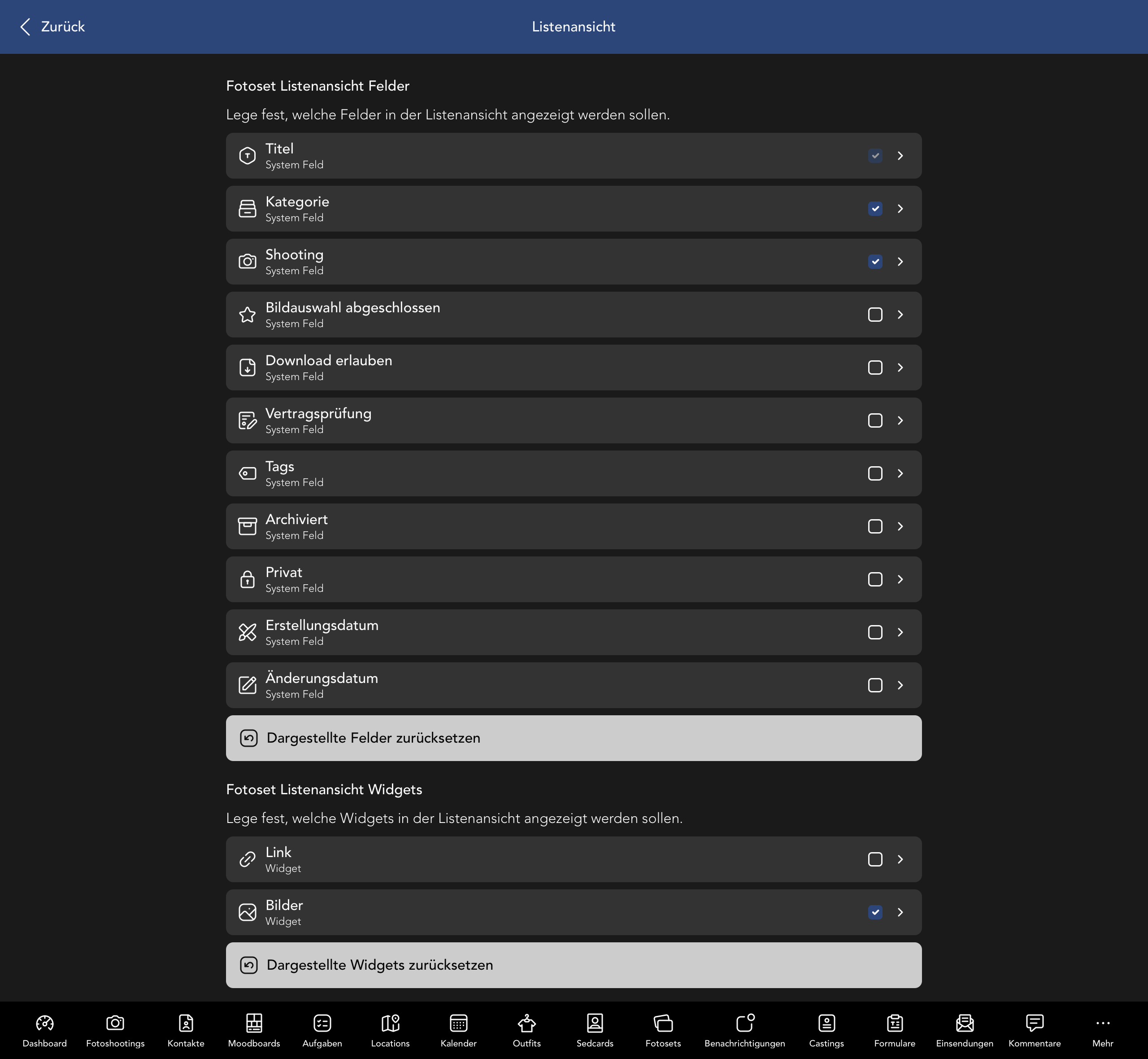 Fotoset Listenansicht Felder und Widgets