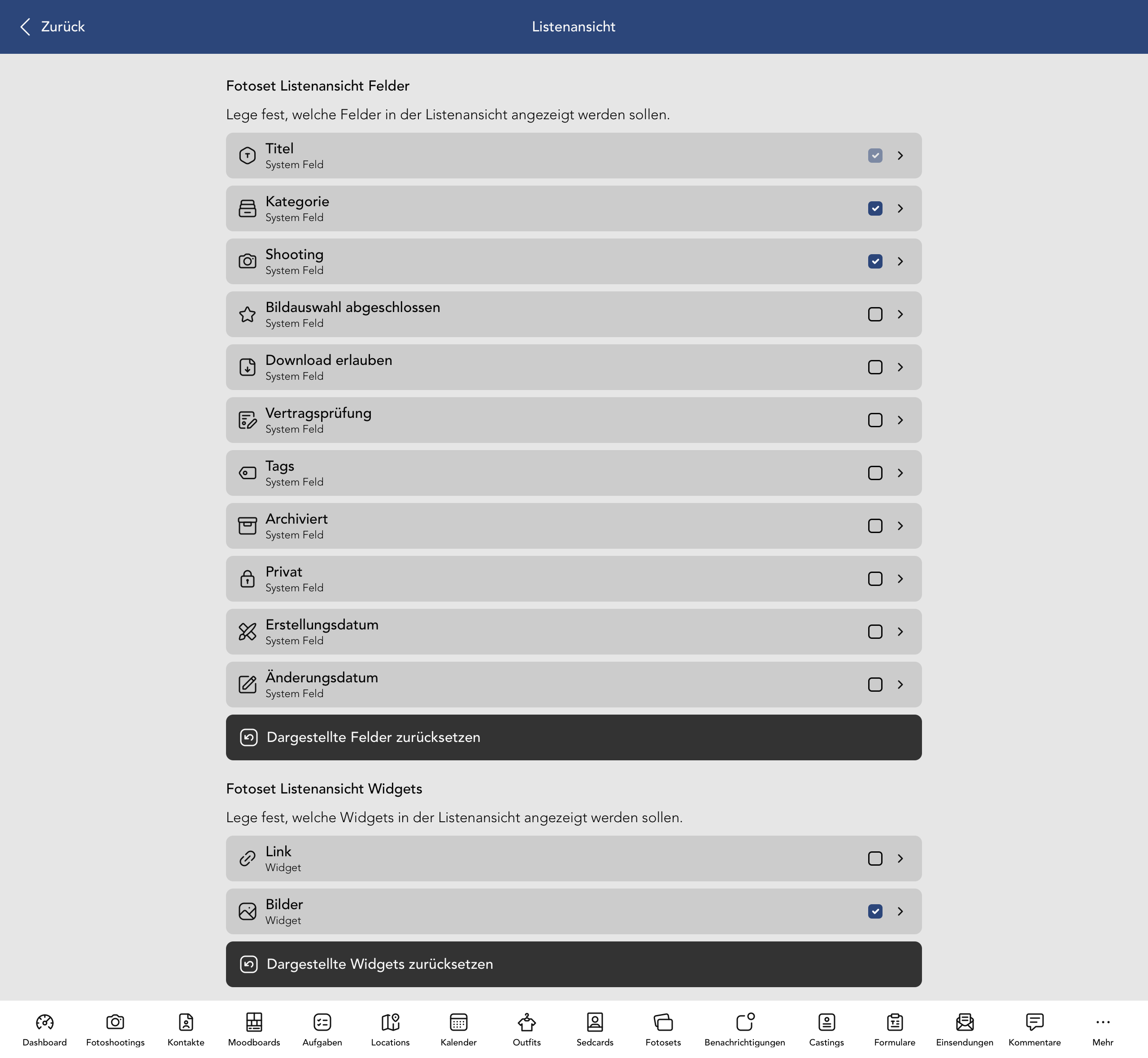 Fotoset Listenansicht Felder und Widgets