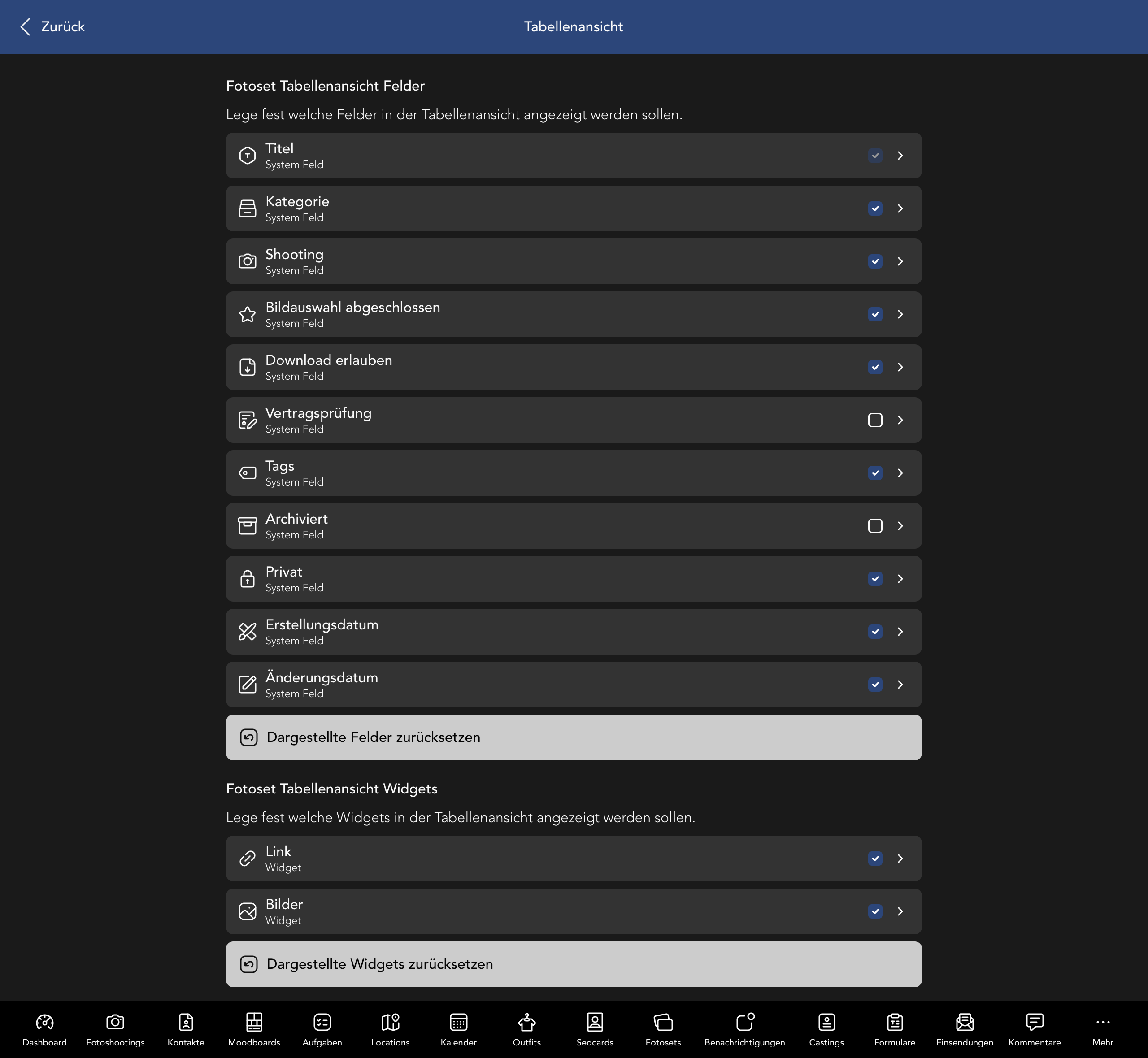 Fotoset Tabellenansicht Felder und Widgets
