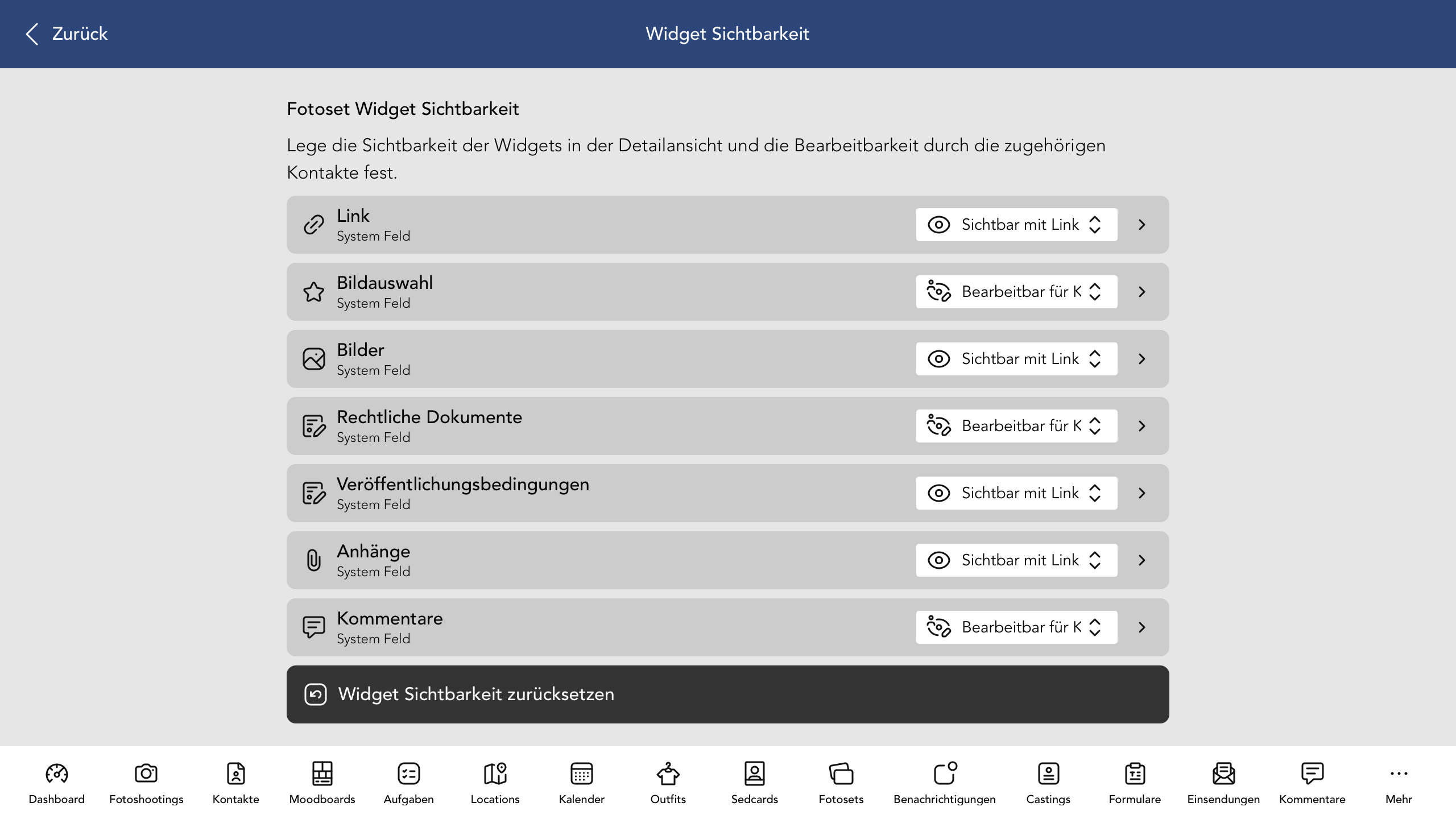 Fotoset Widget Sichtbarkeit