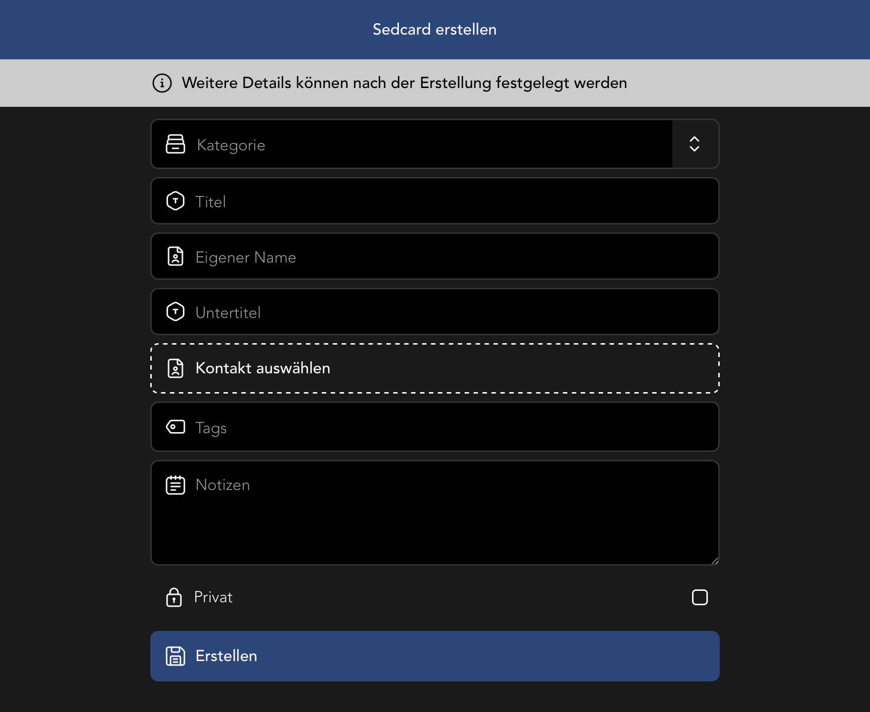 Ansicht zum Erstellen einer neuen Sedcard
