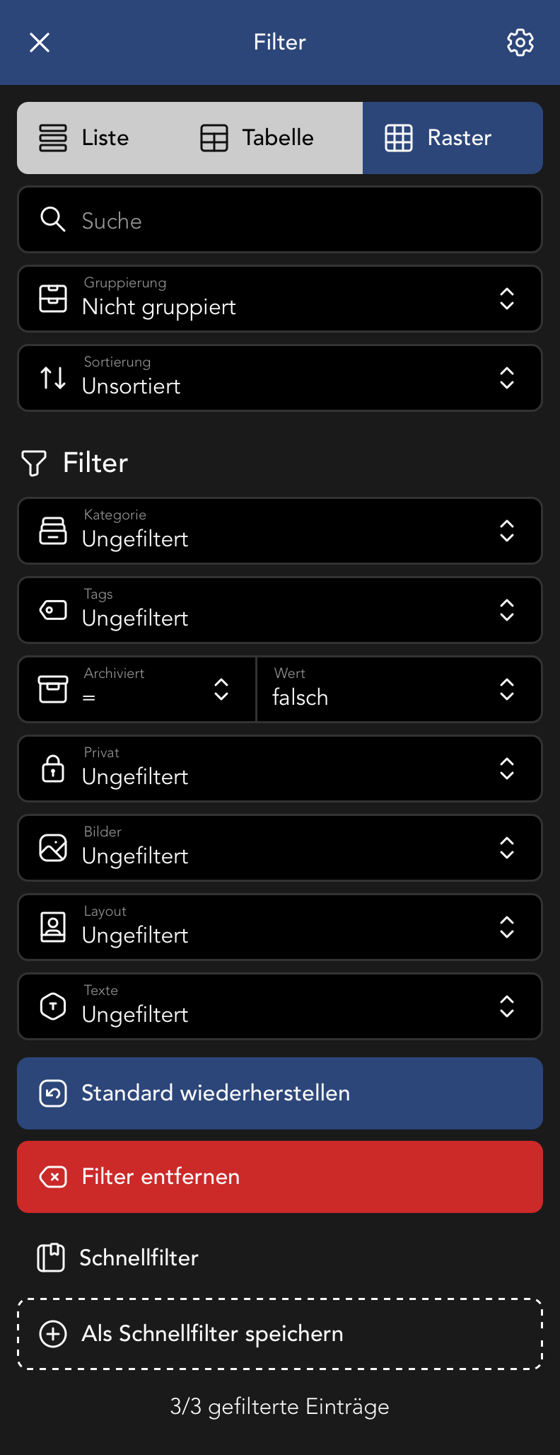 Filter Menu in der Sedcard Übersicht