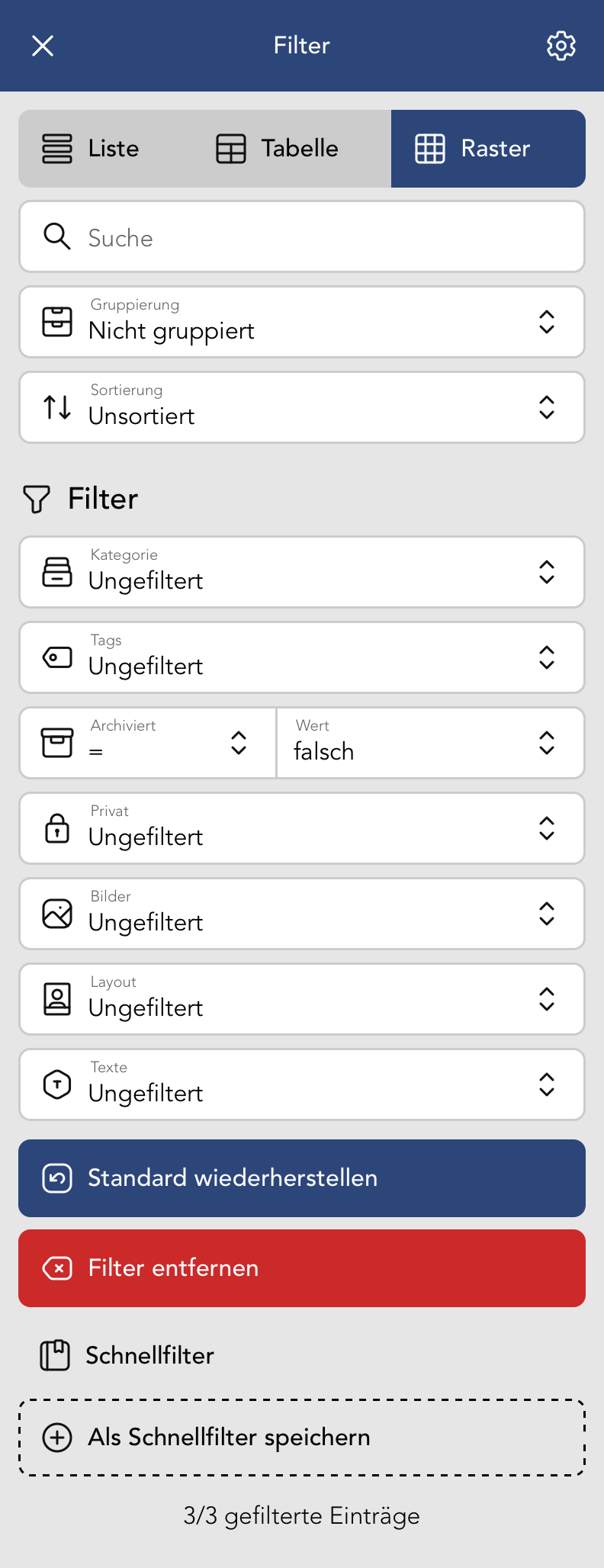 Filter Menu in der Sedcard Übersicht