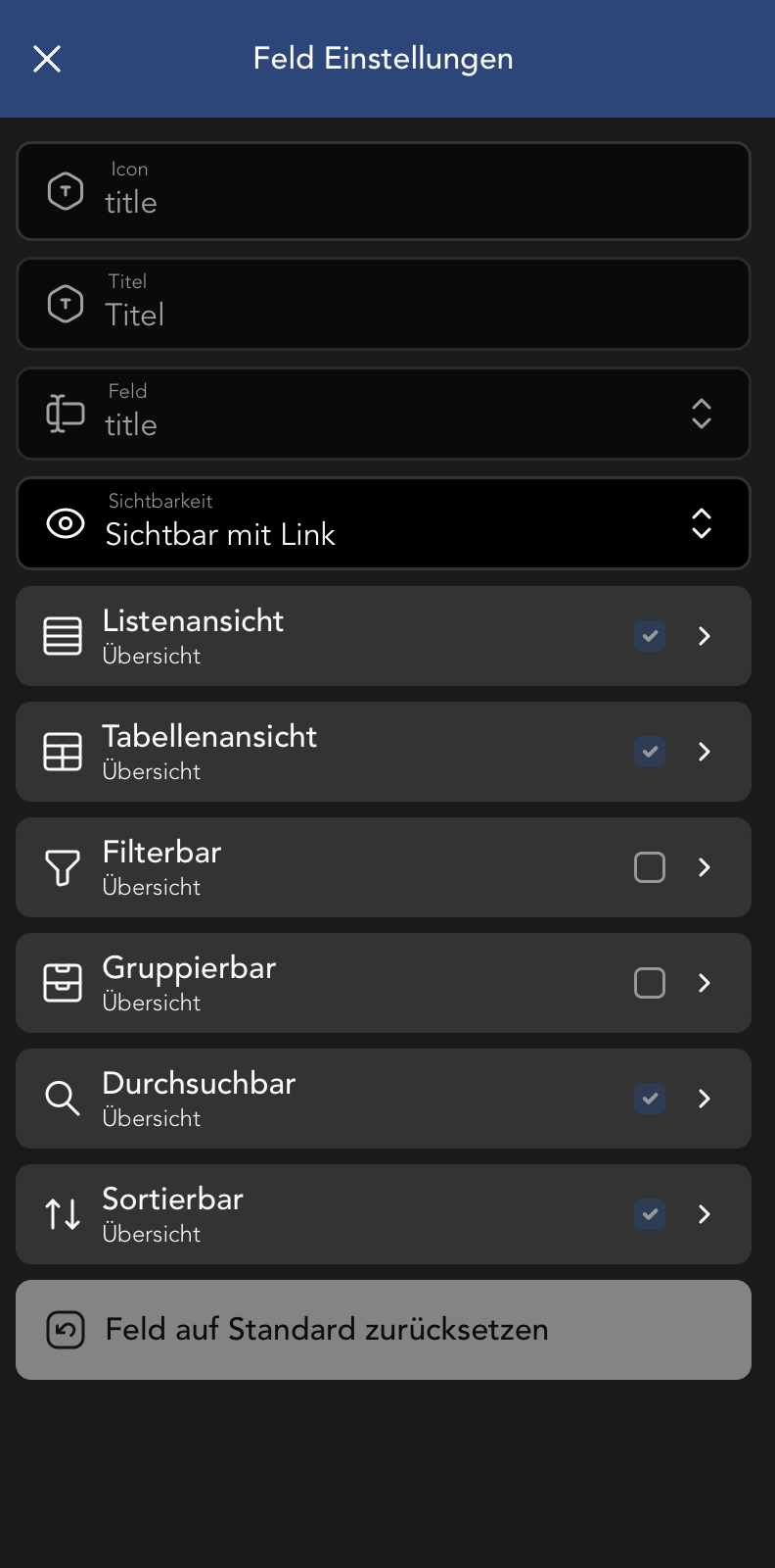 Sedcard Feld Einstellungen