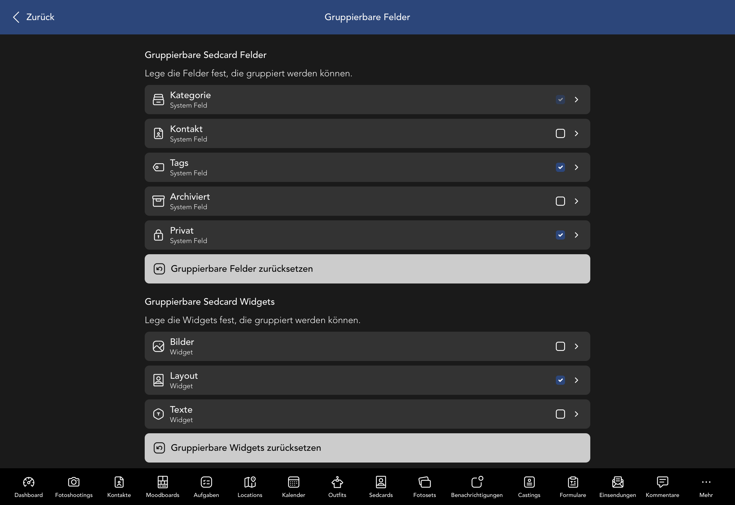 Gruppierbare Sedcard Felder und Widgets