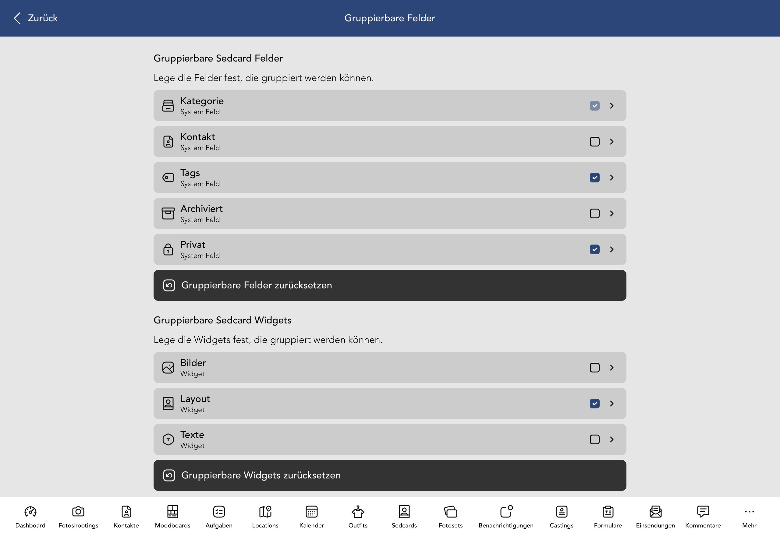 Gruppierbare Sedcard Felder und Widgets