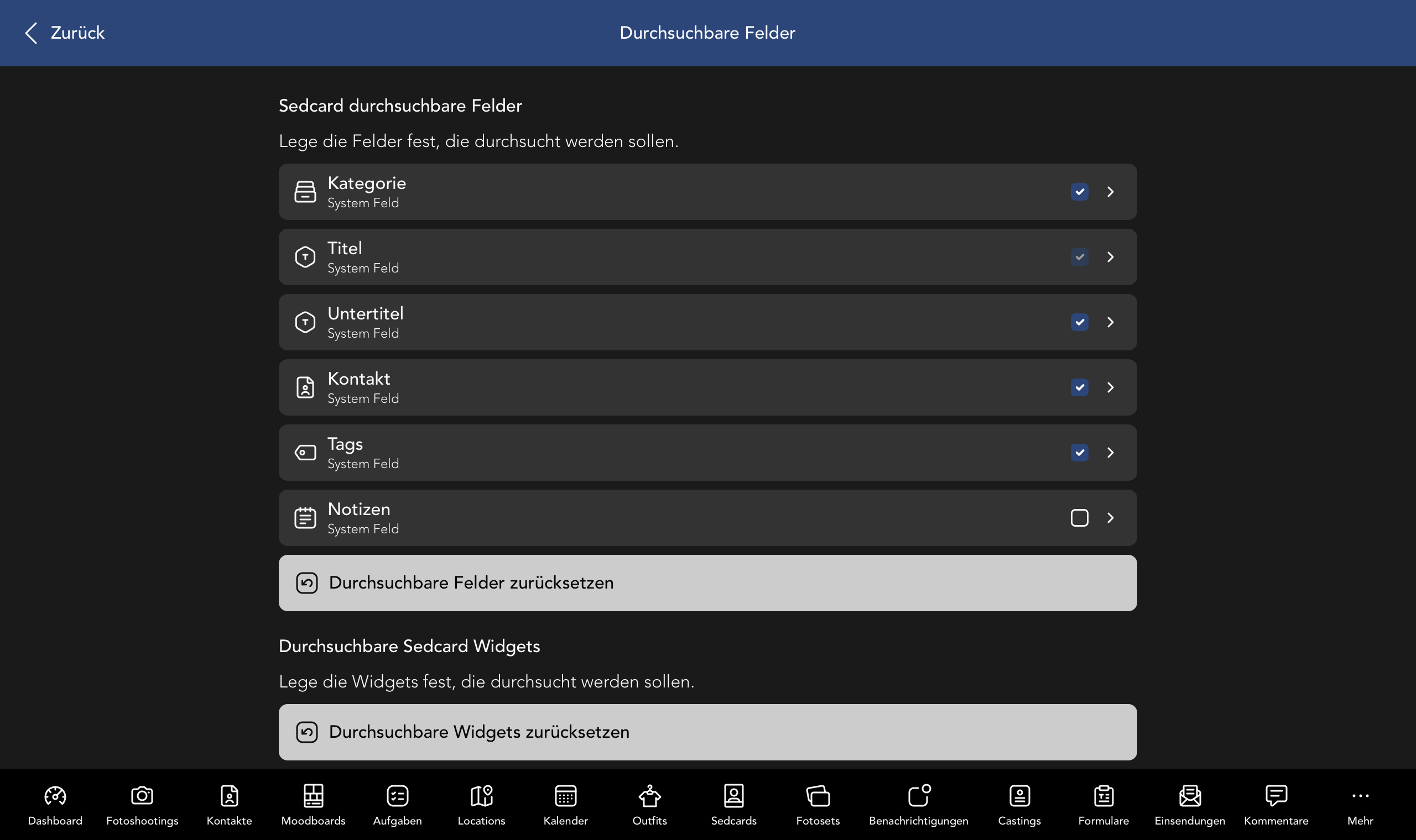 Durchsuchbare Sedcard Felder und Widgets