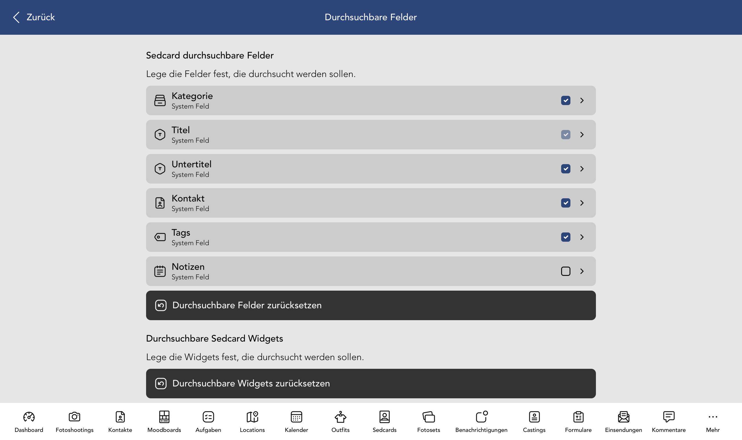Durchsuchbare Sedcard Felder und Widgets