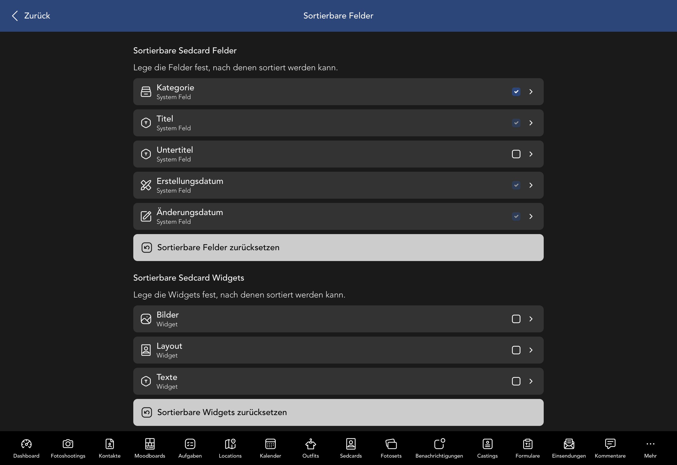 Sortierbare Sedcard Felder und Widgets