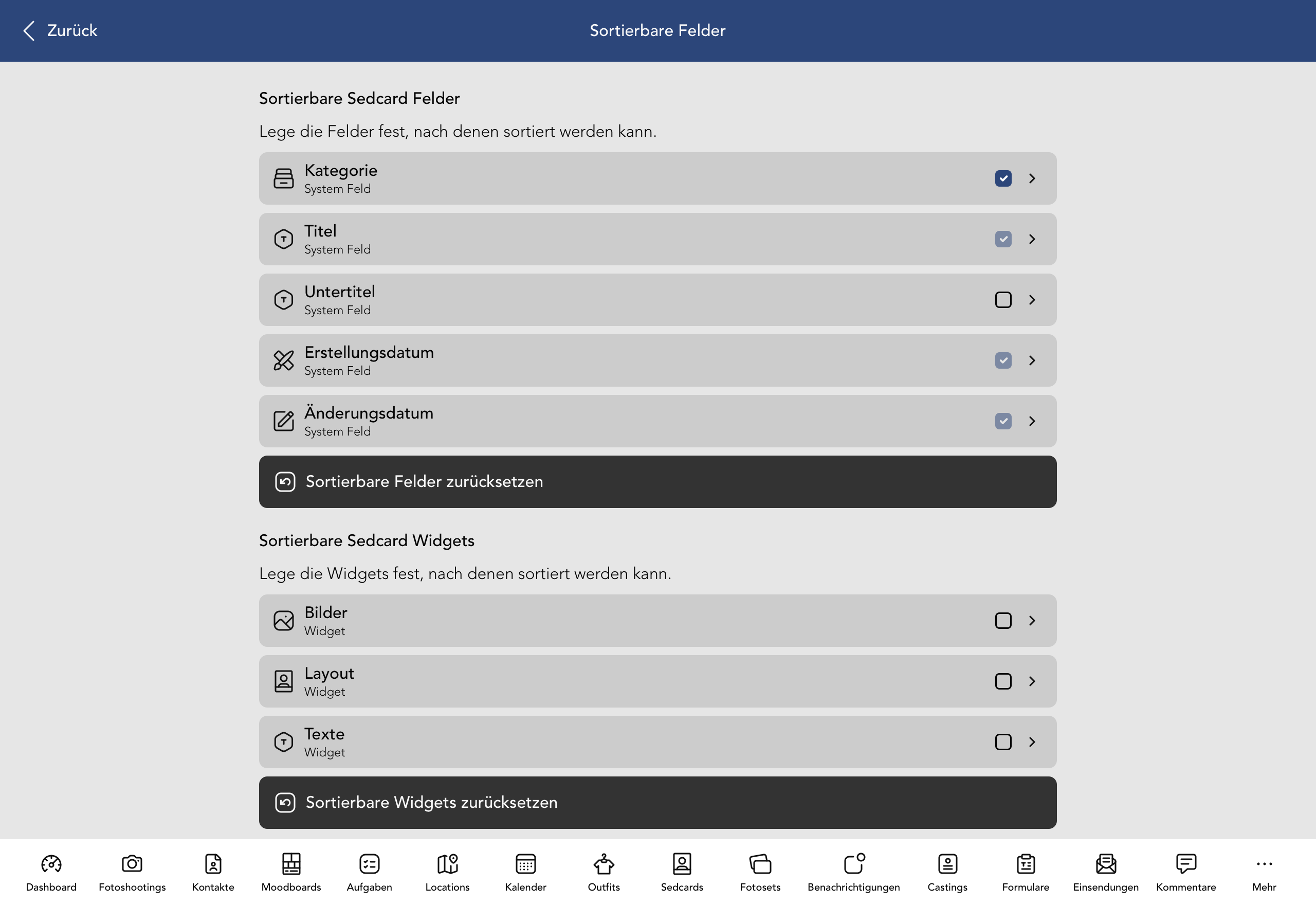 Sortierbare Sedcard Felder und Widgets