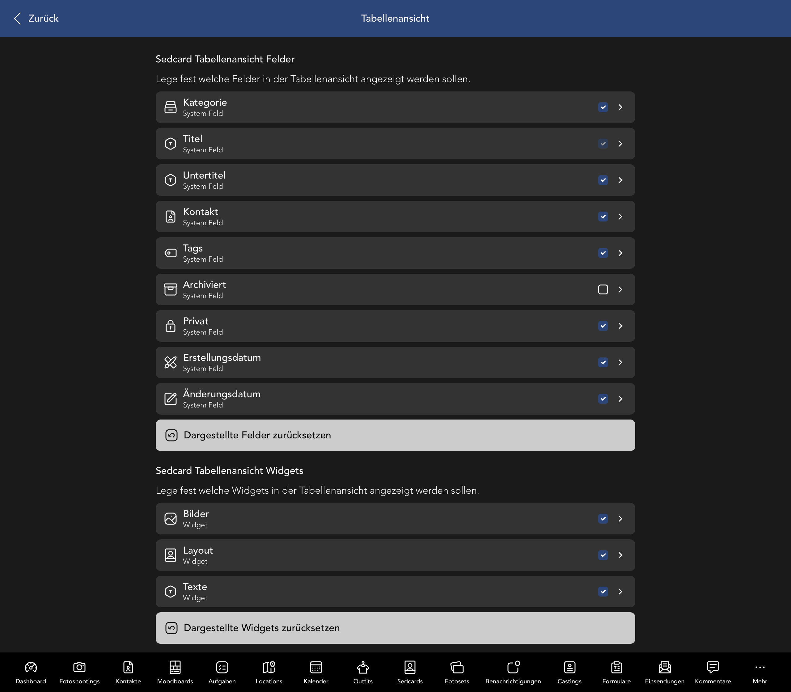 Sedcard Tabellenansicht Felder und Widgets