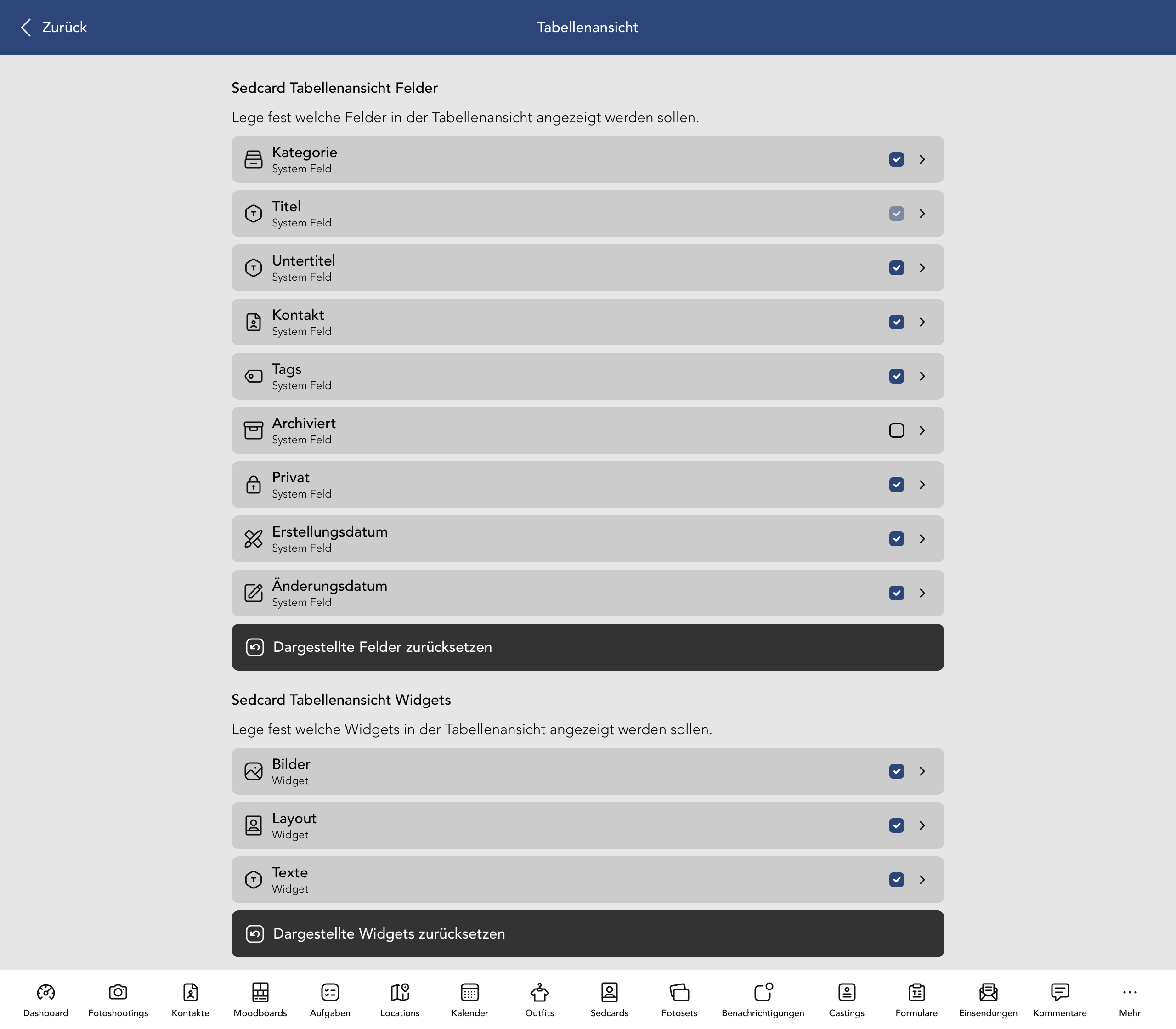 Sedcard Tabellenansicht Felder und Widgets