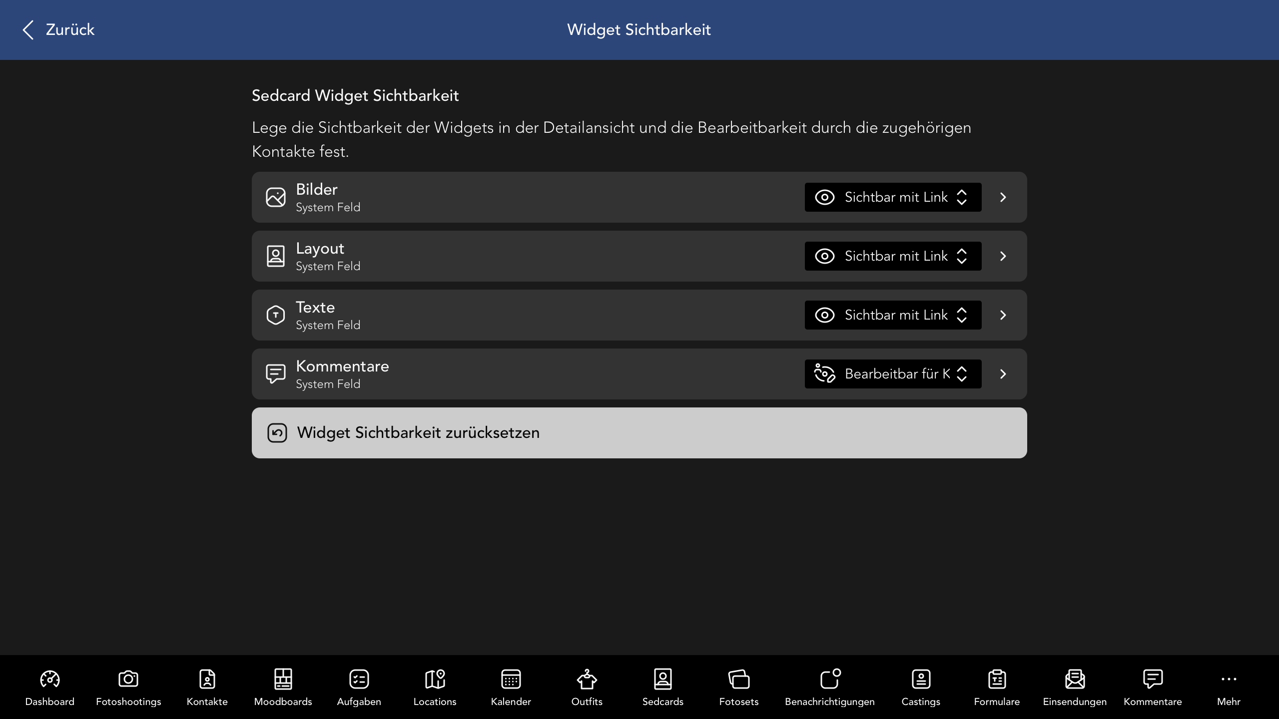 Sedcard Widget Sichtbarkeit