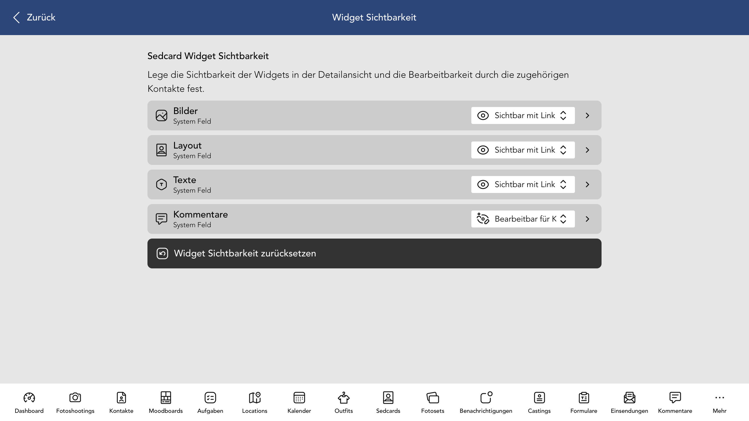 Sedcard Widget Sichtbarkeit