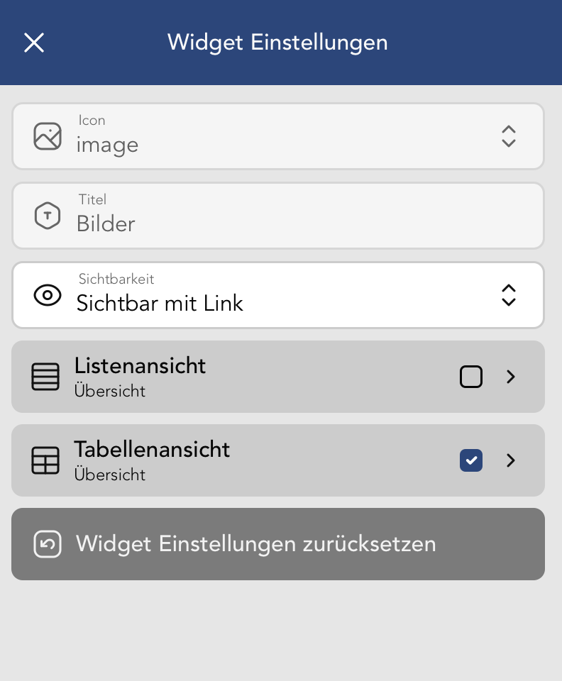 Sedcard Widget Einstellungen