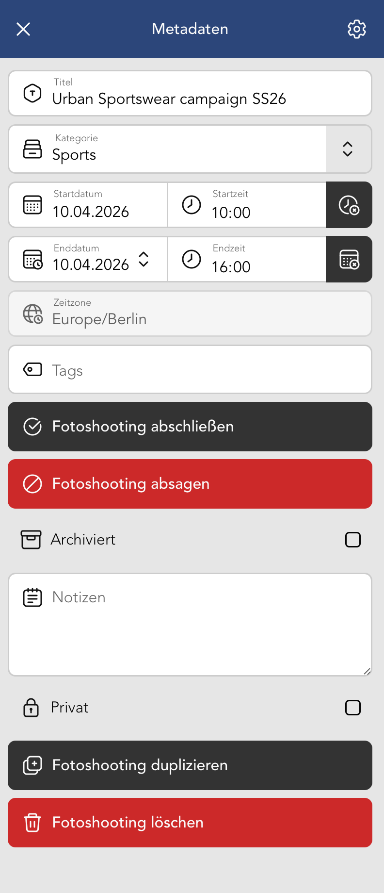 Fotoshooting Metadaten Bearbeiten