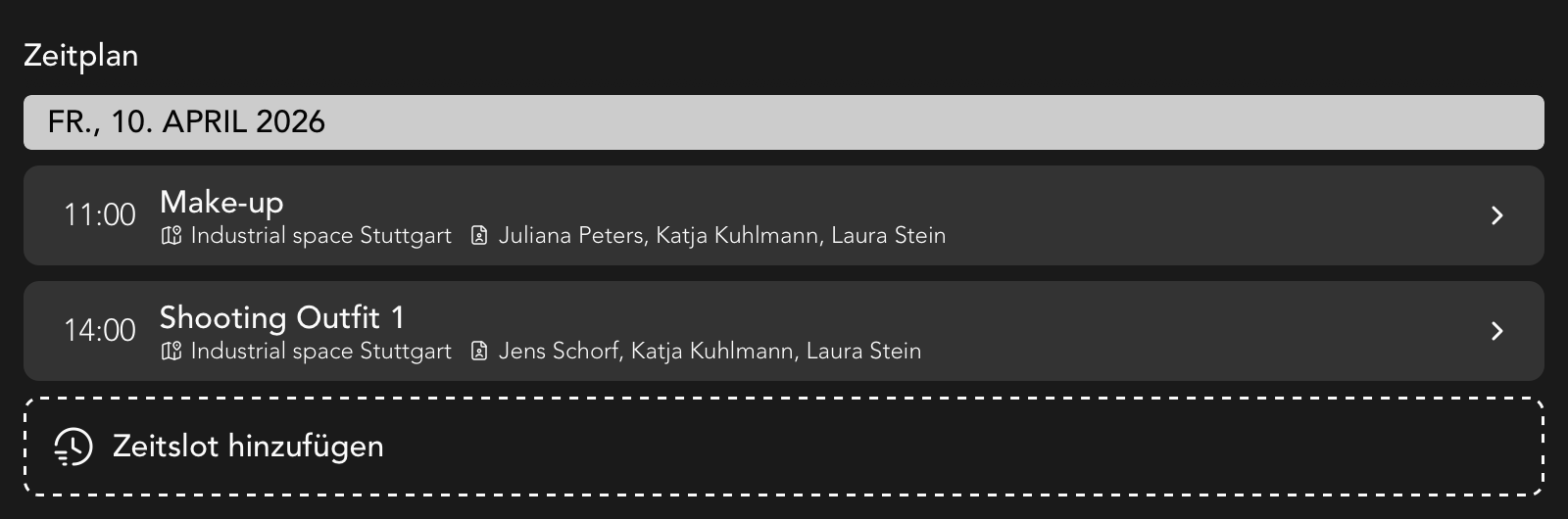Zeitplan Widget in der Shooting Detailansicht