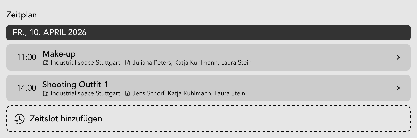 Zeitplan Widget in der Shooting Detailansicht