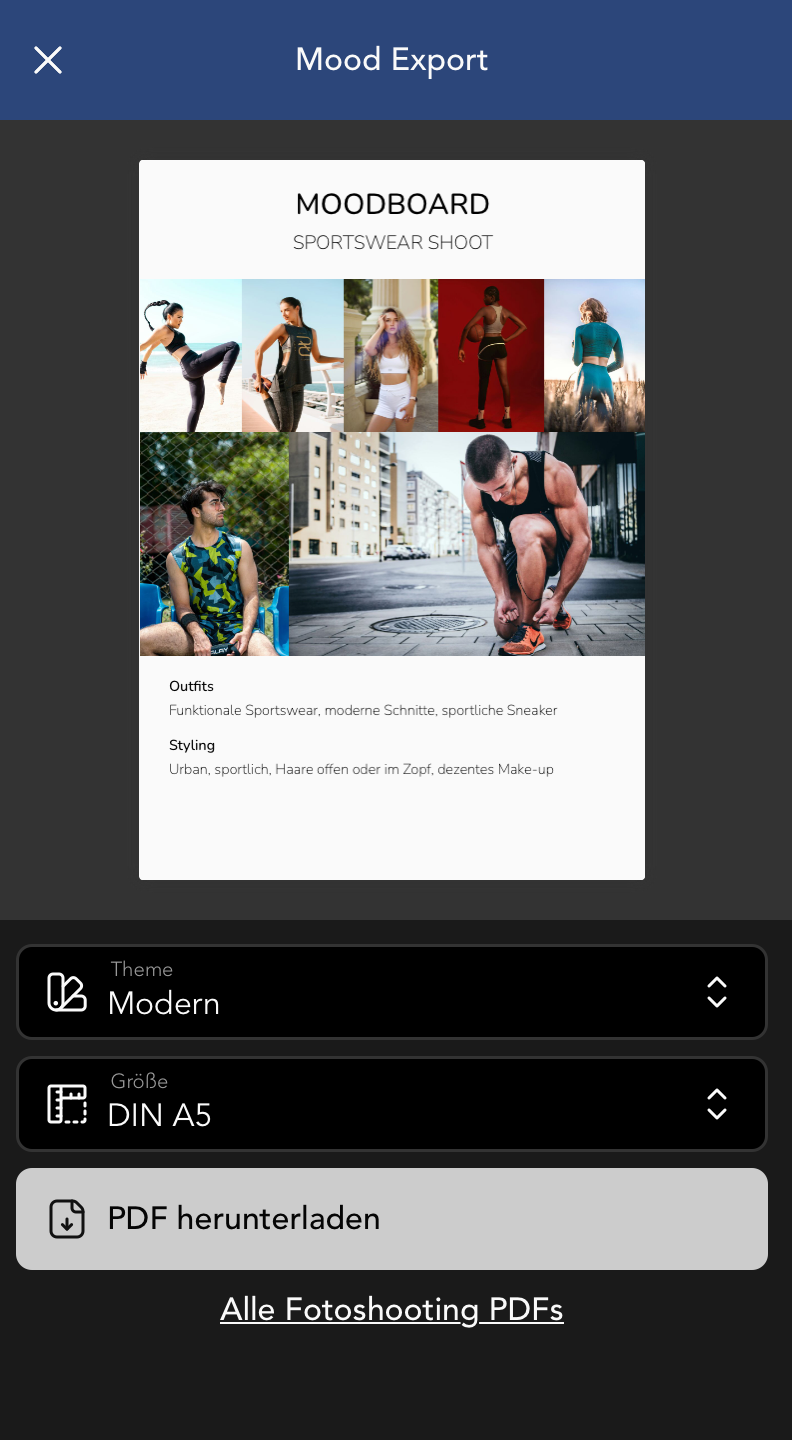 Mood Export für ein einzelnes Mood zum aktuellen Fotoshooting
