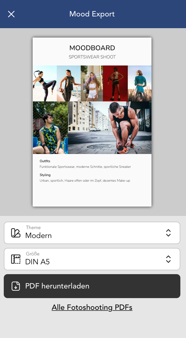 Mood Export für ein einzelnes Mood zum aktuellen Fotoshooting