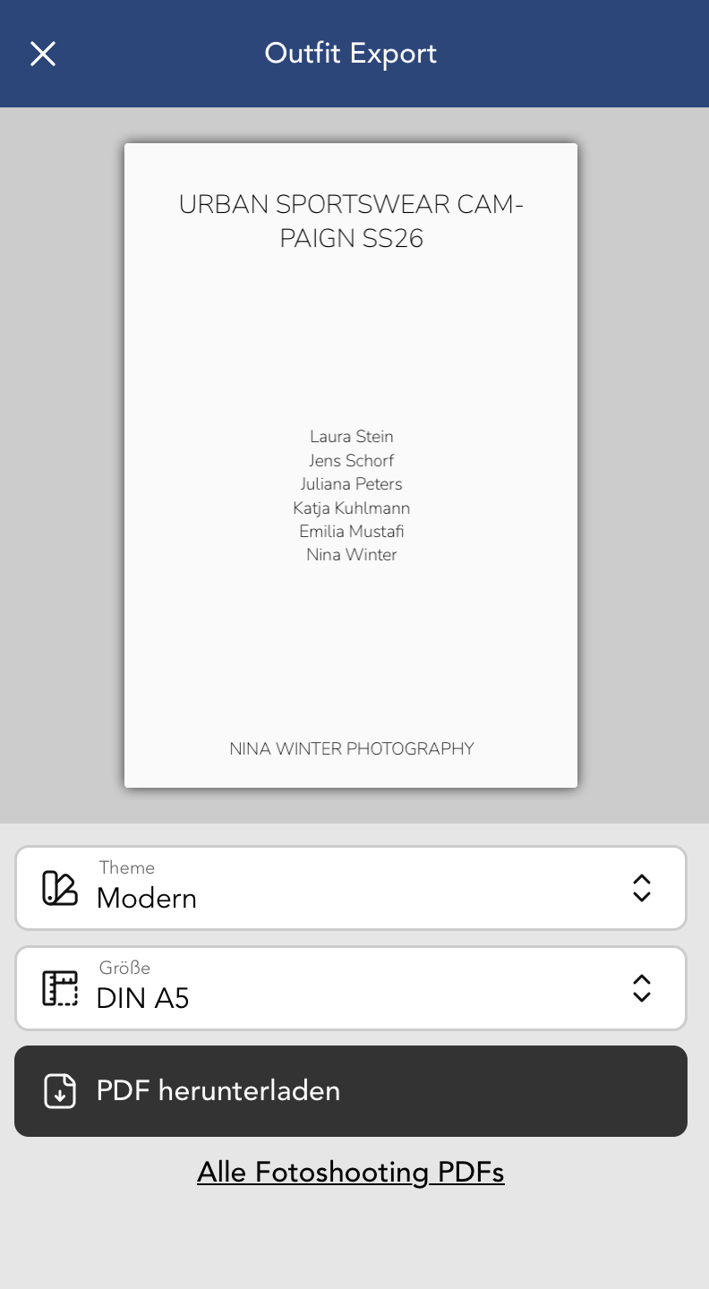 Outfit Export für alle Outfits zum aktuellen Fotoshooting
