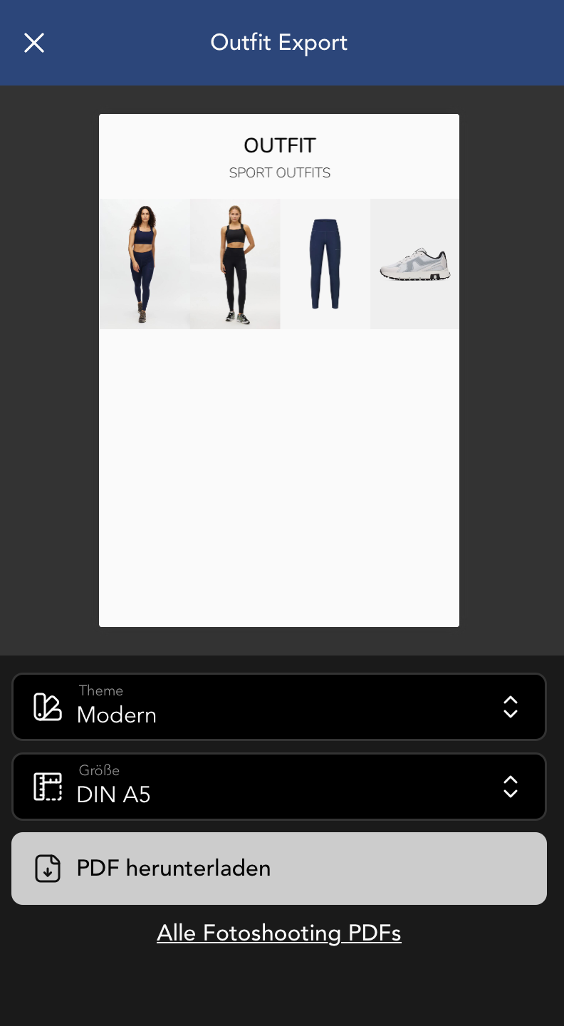 Outfit Export für ein einzelnes Outfit zum aktuellen Fotoshooting