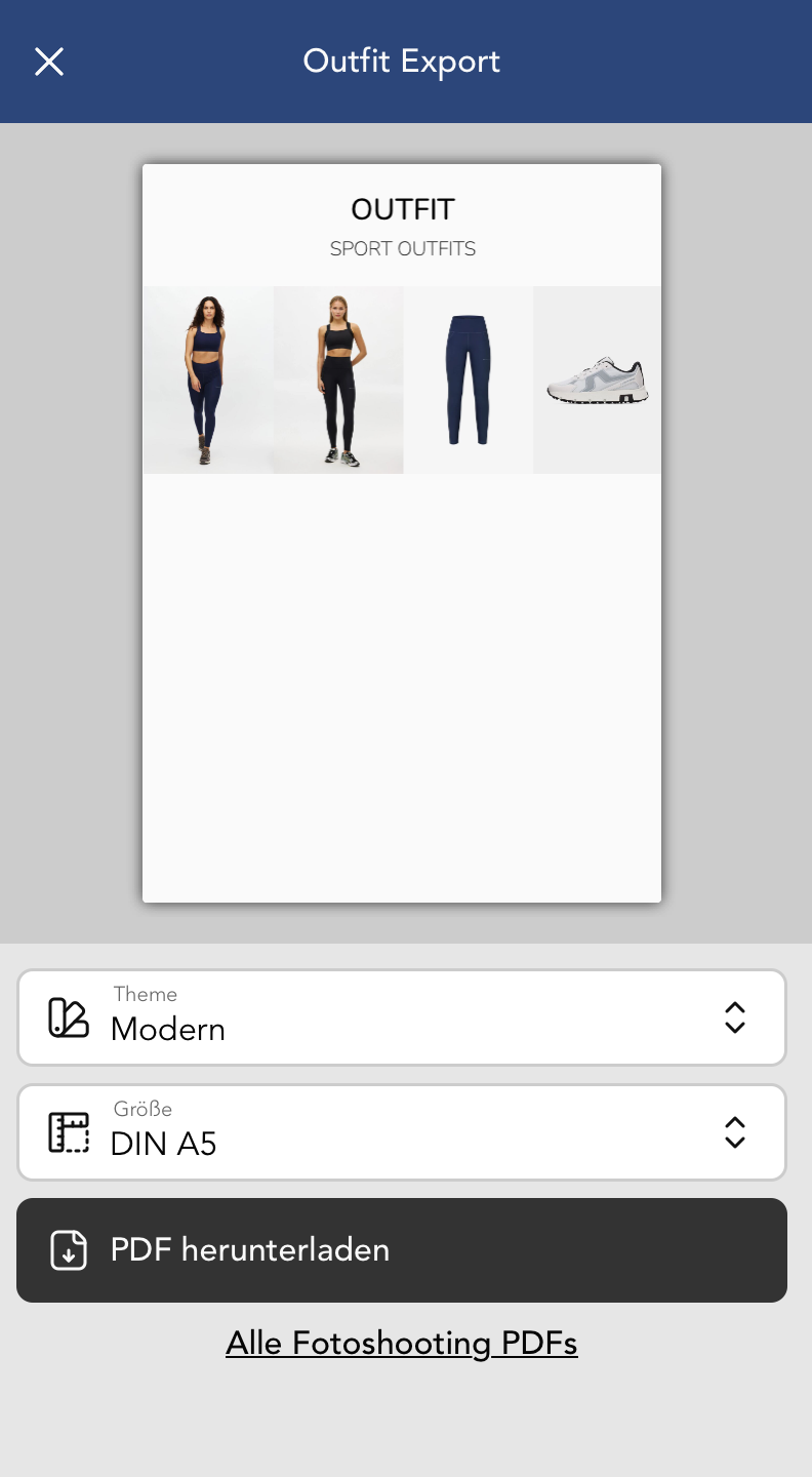 Outfit Export für ein einzelnes Outfit zum aktuellen Fotoshooting