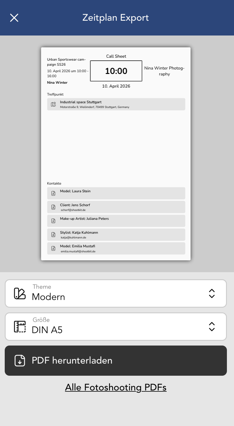 Callsheet Export für die Shooting Teilnehmer