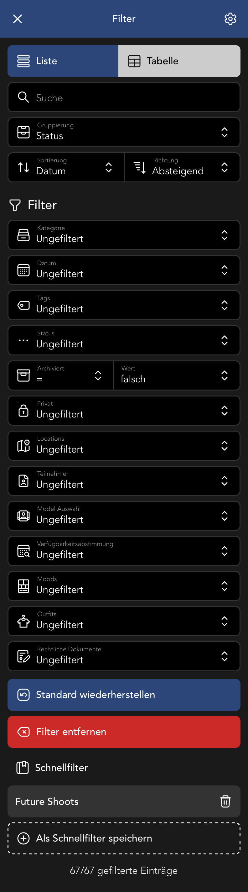 Filter Menu in der Fotoshooting Übersicht