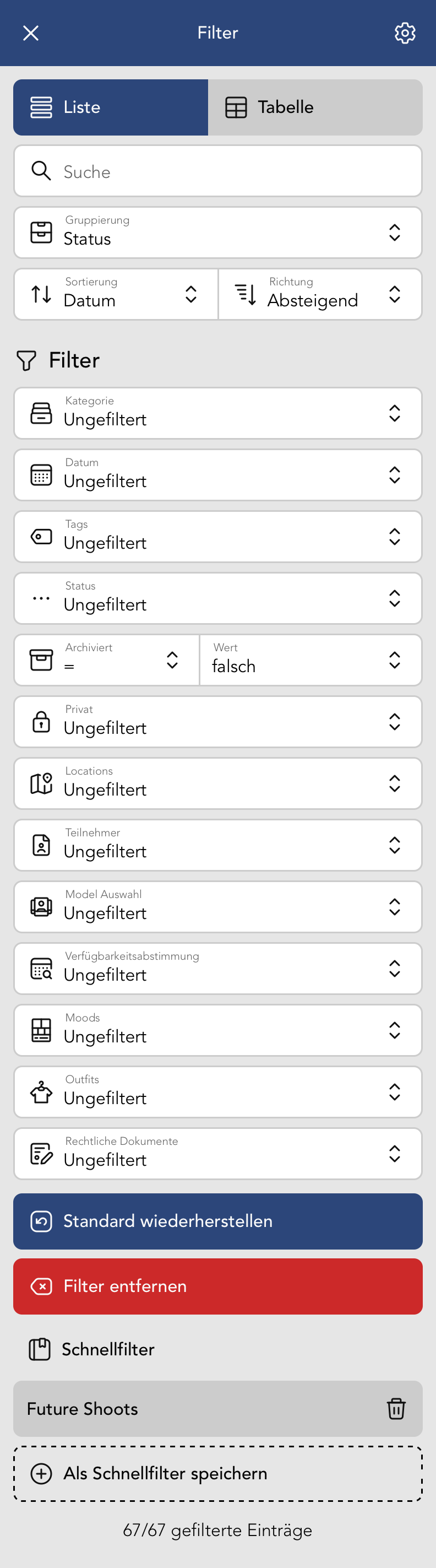 Filter Menu in der Fotoshooting Übersicht