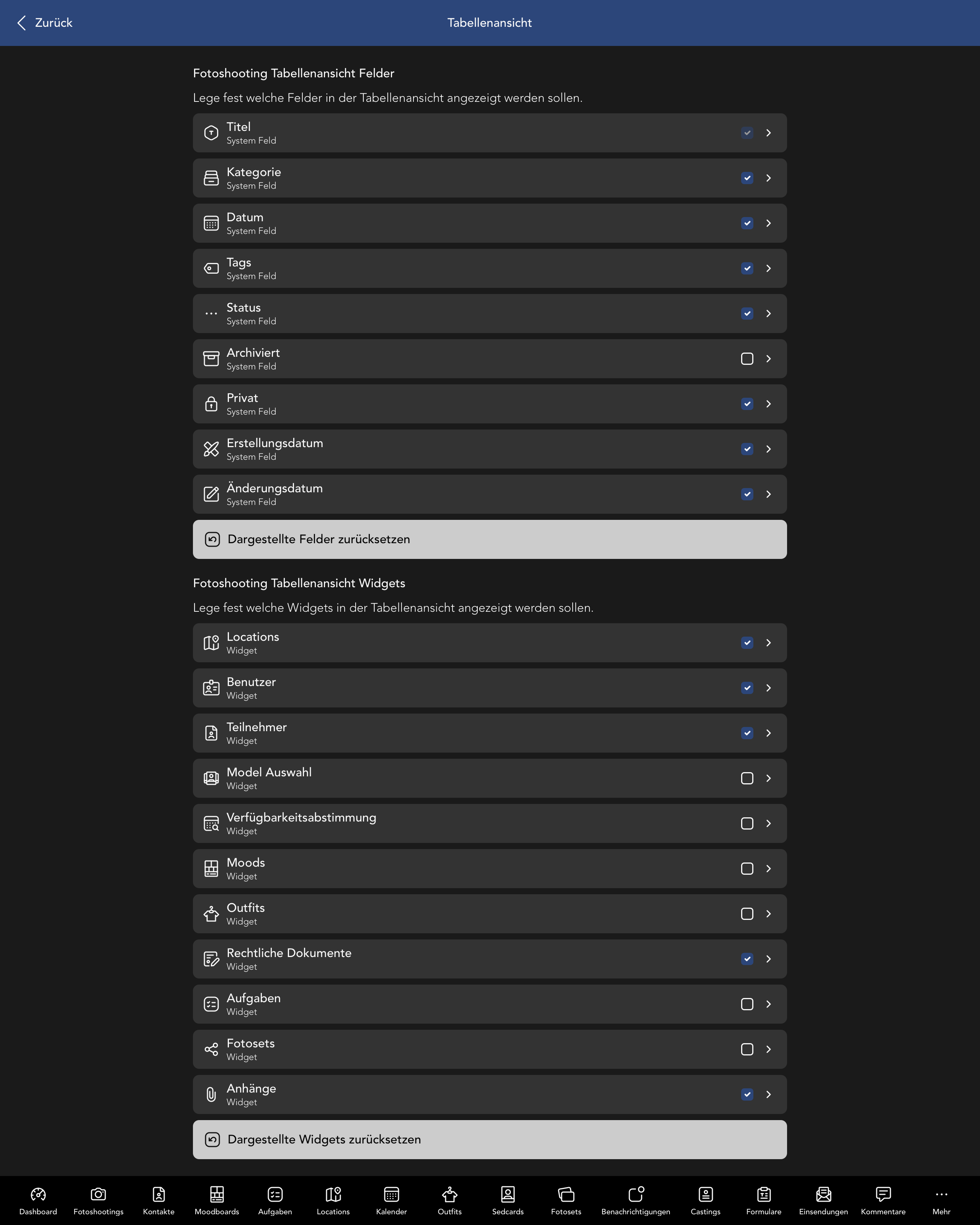 Fotoshooting Tabellenansicht Felder und Widgets
