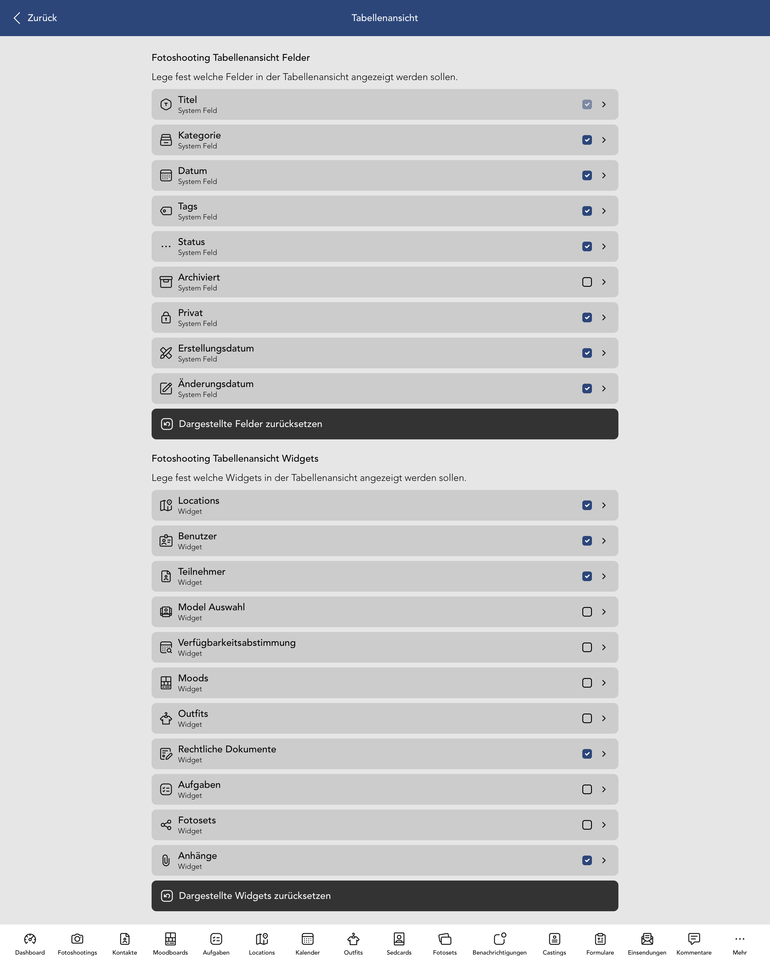 Fotoshooting Tabellenansicht Felder und Widgets