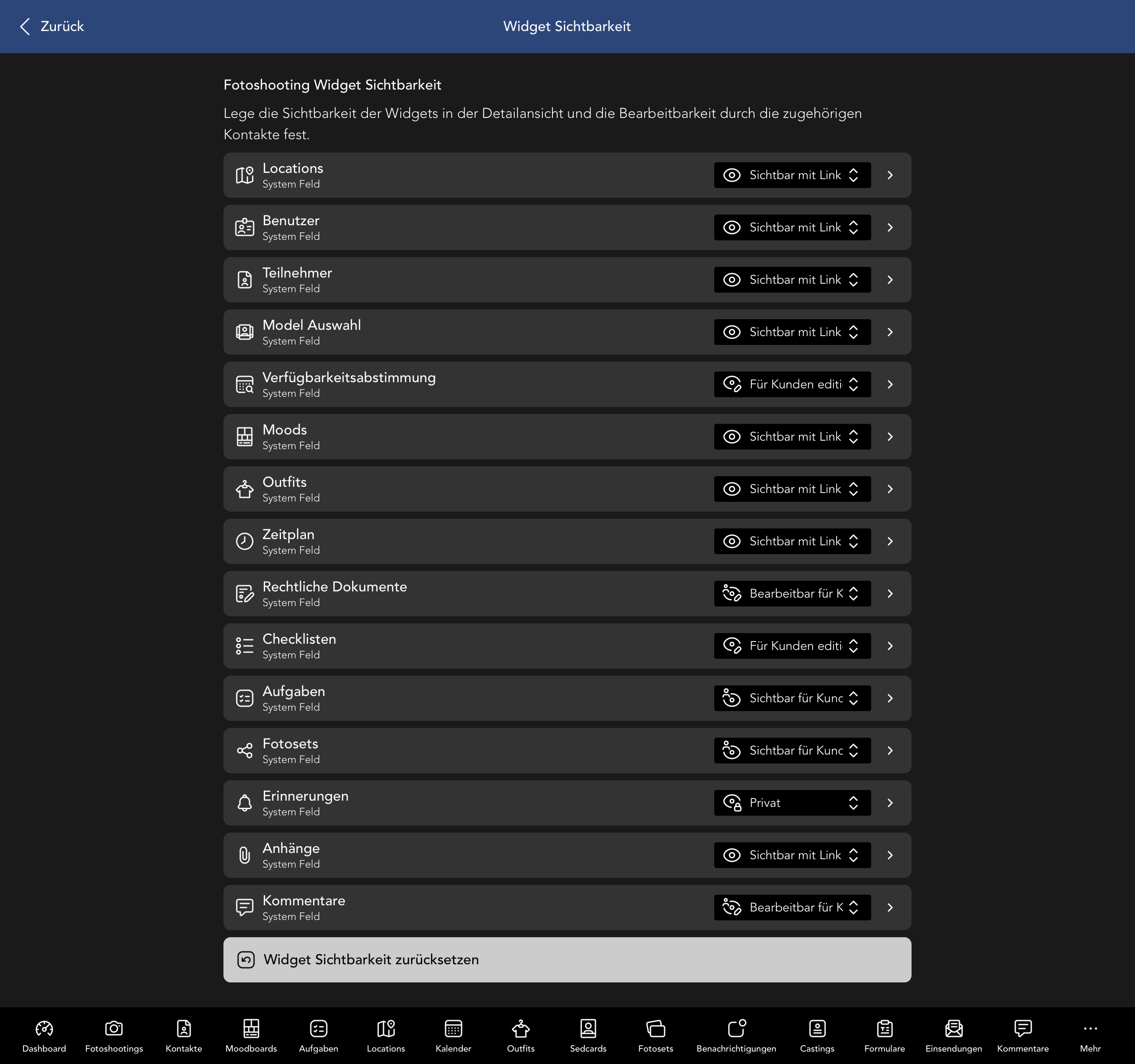 Fotoshooting Widget Sichtbarkeit