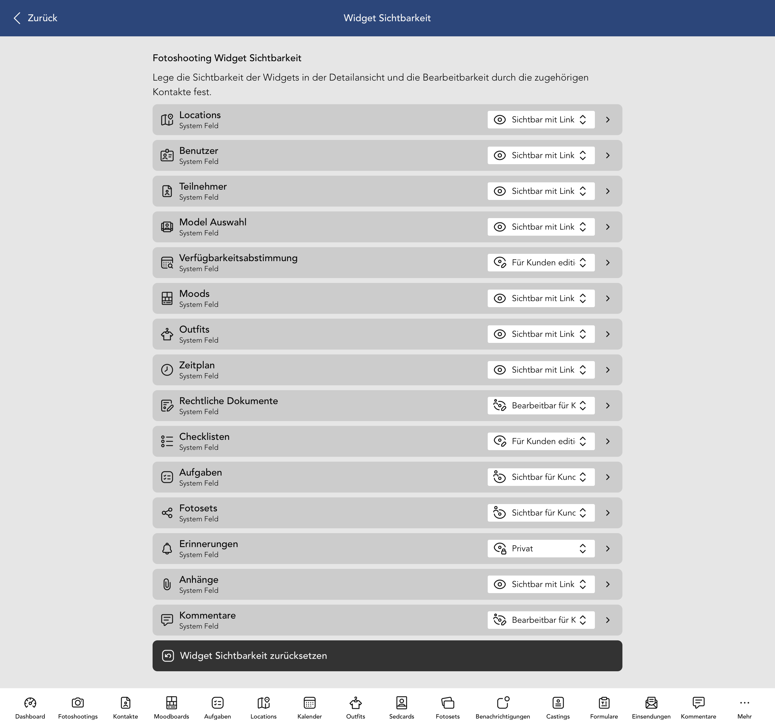 Fotoshooting Widget Sichtbarkeit