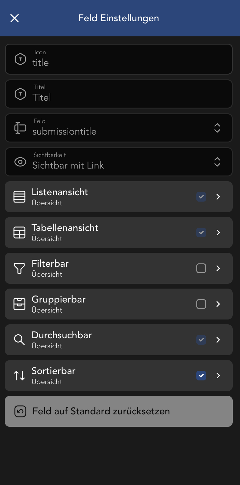 Einsendung Feld Einstellungen