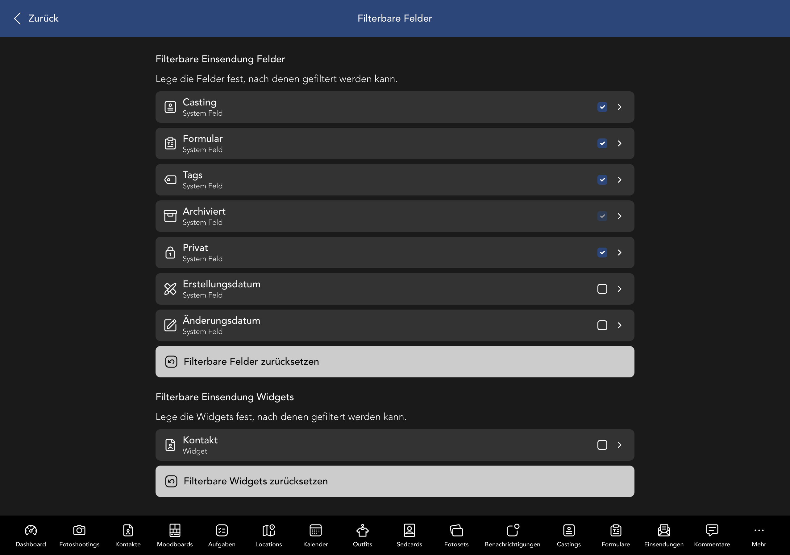 Filterbare Einsendung Felder und Widgets