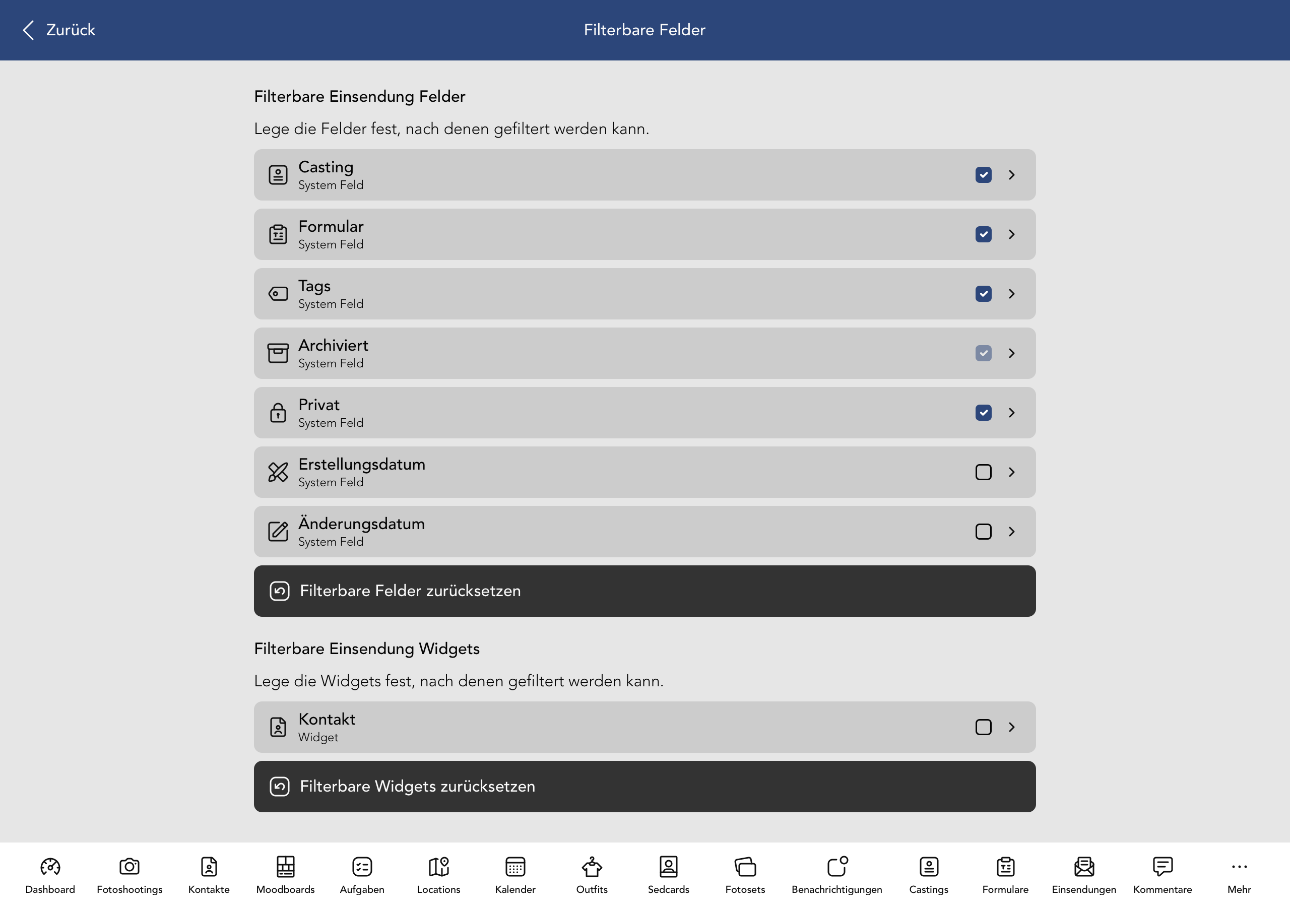Filterbare Einsendung Felder und Widgets