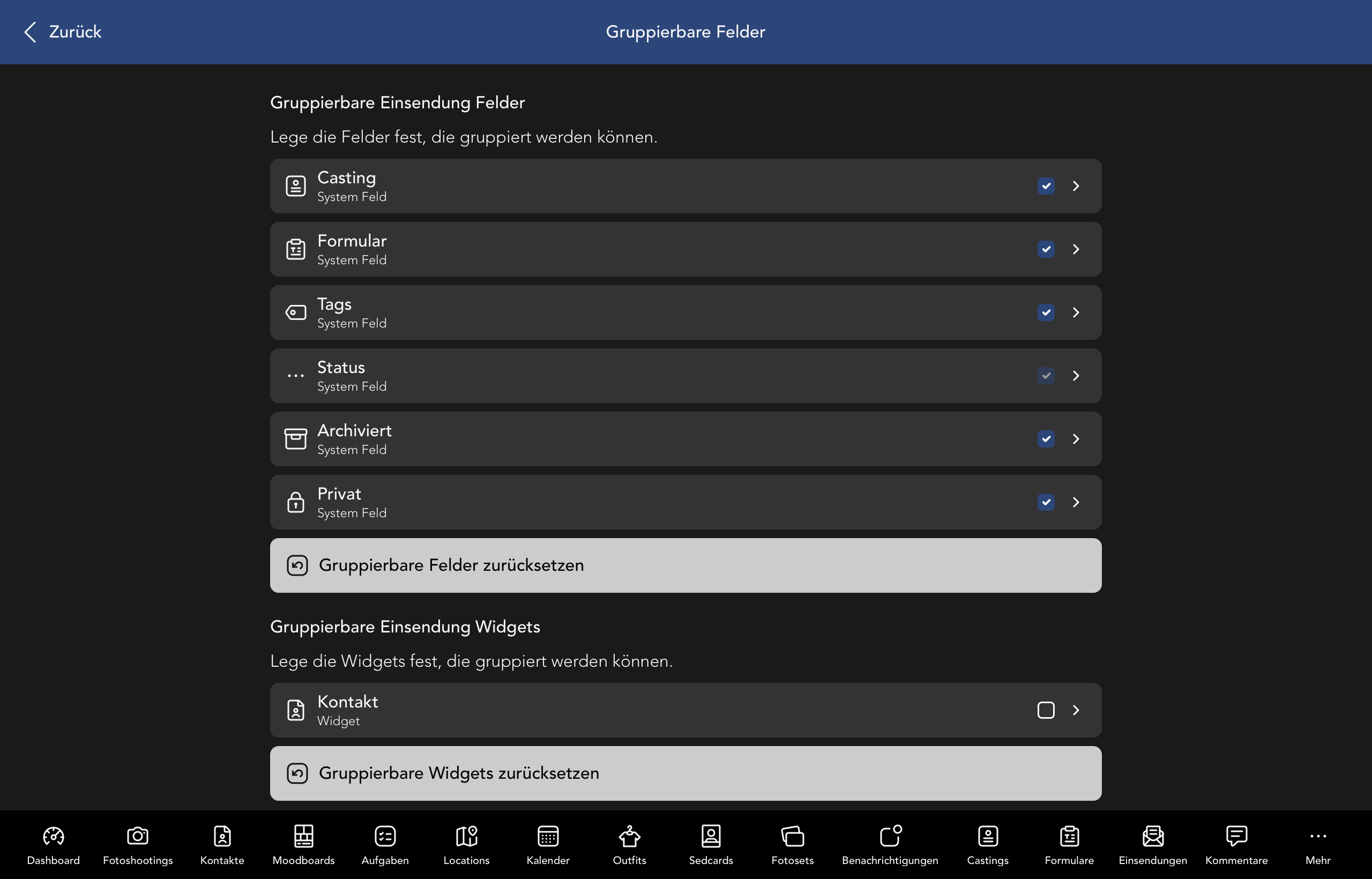 Gruppierbare Einsendung Felder und Widgets