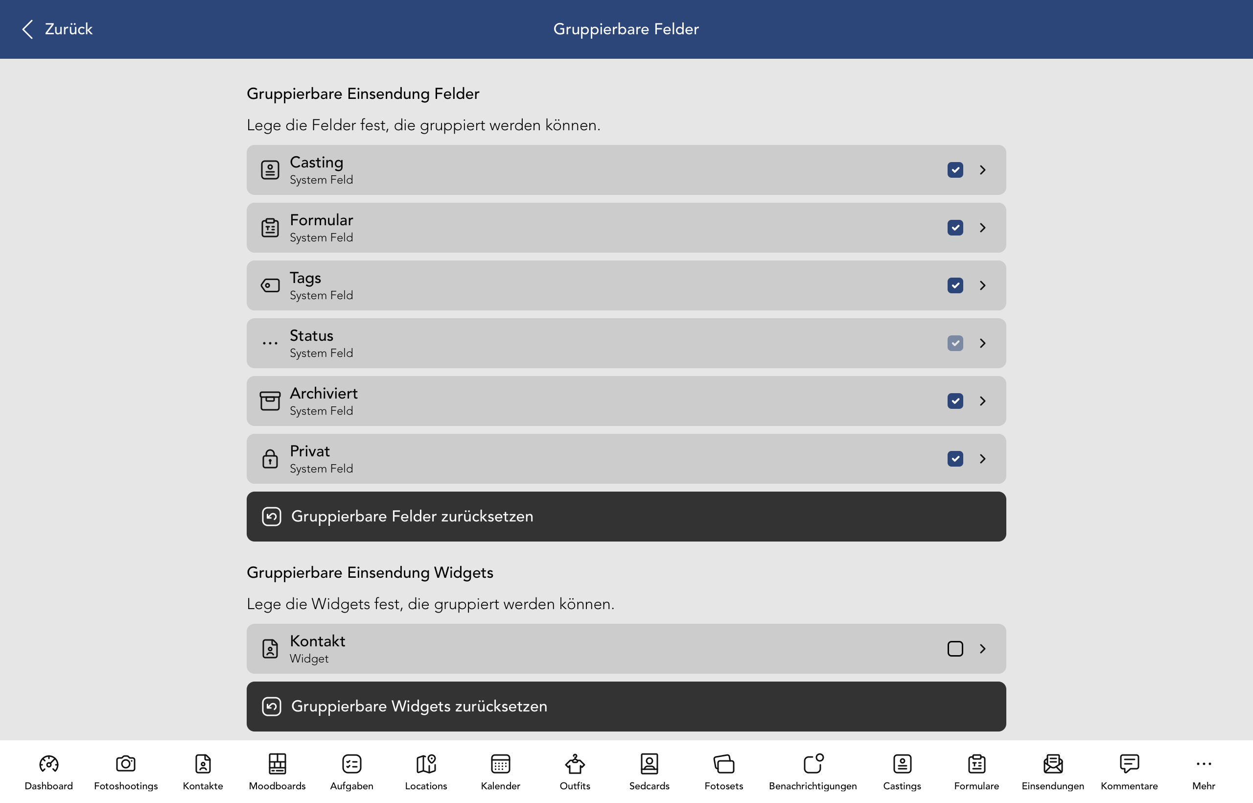 Gruppierbare Einsendung Felder und Widgets