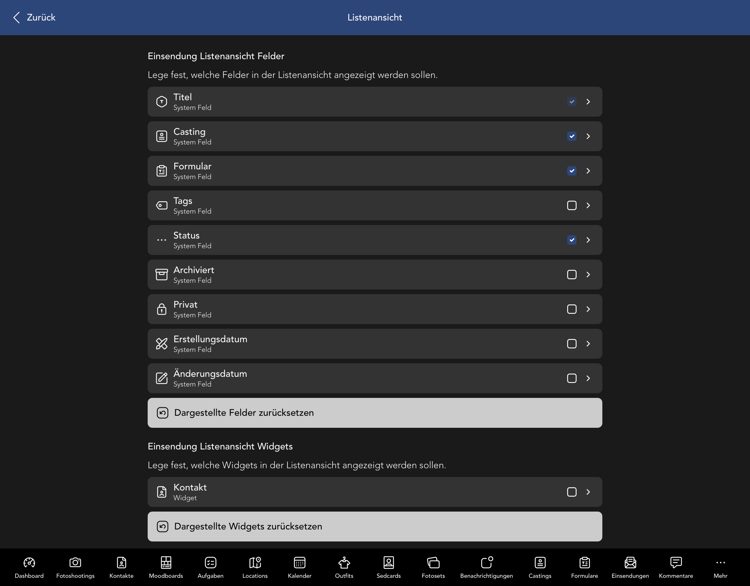 Einsendung Listenansicht Felder und Widgets