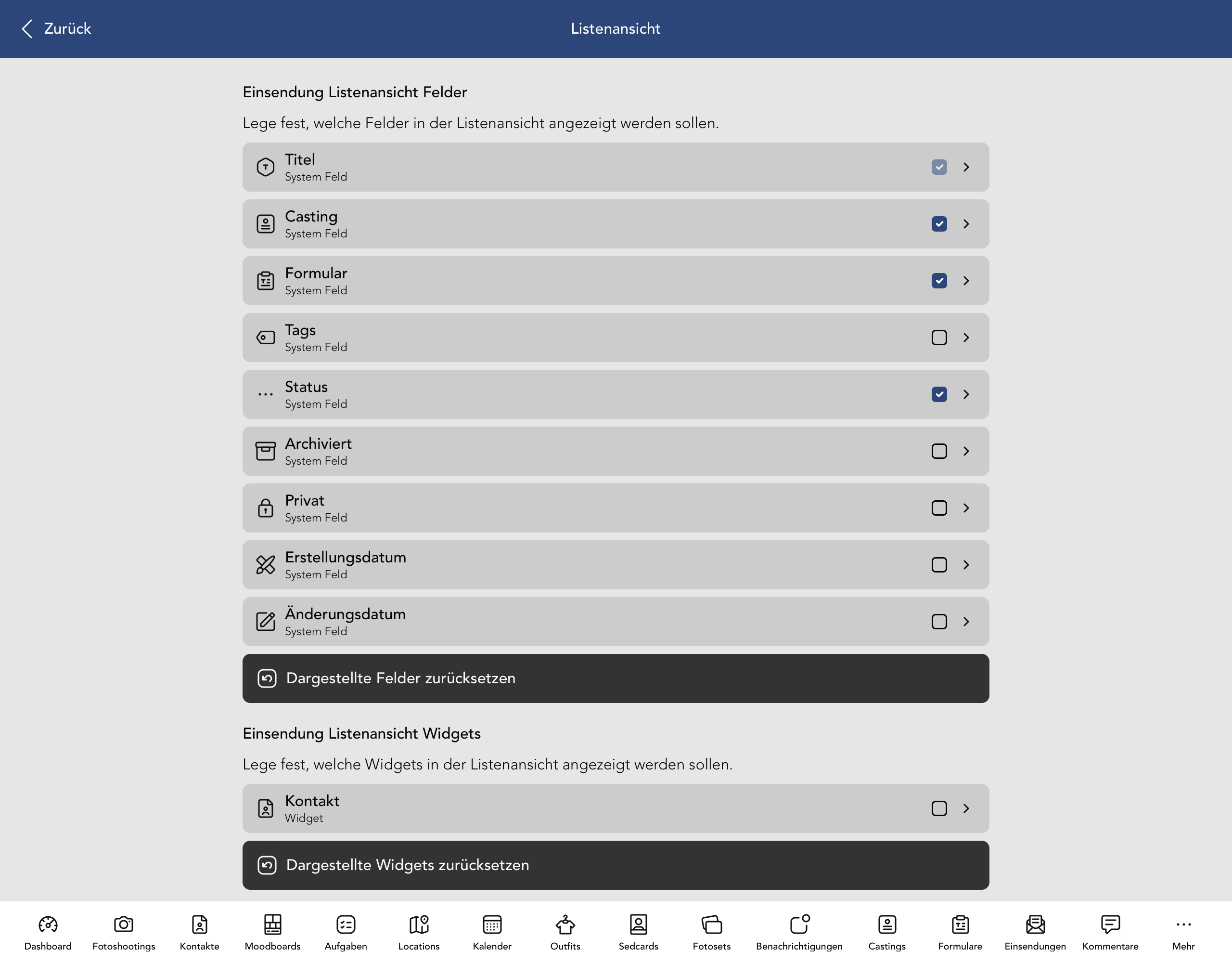 Einsendung Listenansicht Felder und Widgets