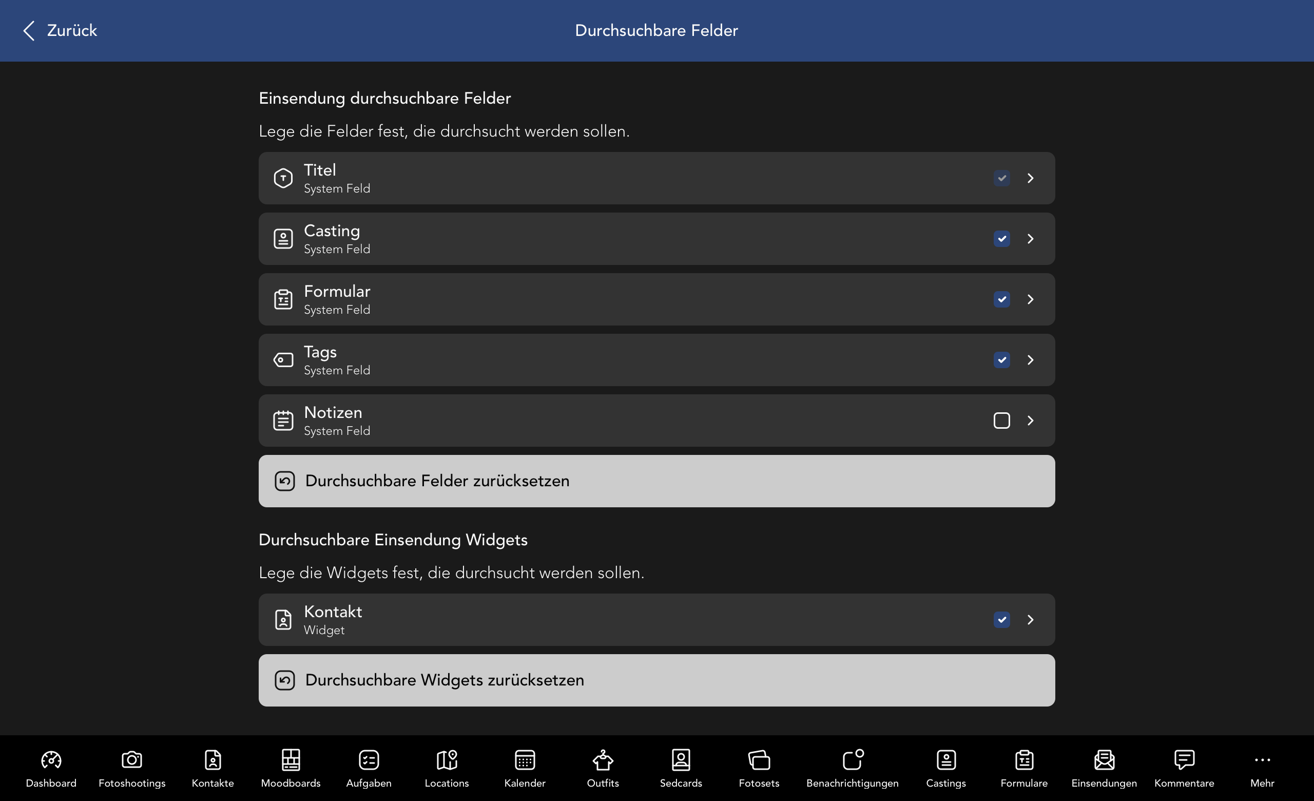 Durchsuchbare Einsendung Felder und Widgets