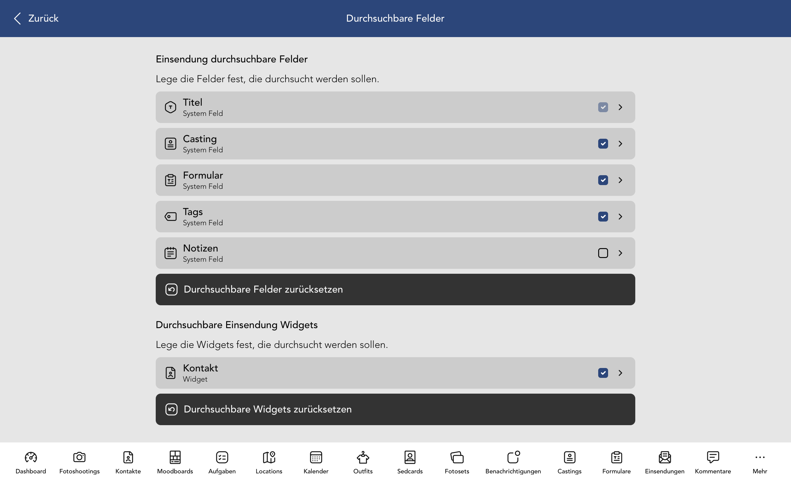 Durchsuchbare Einsendung Felder und Widgets