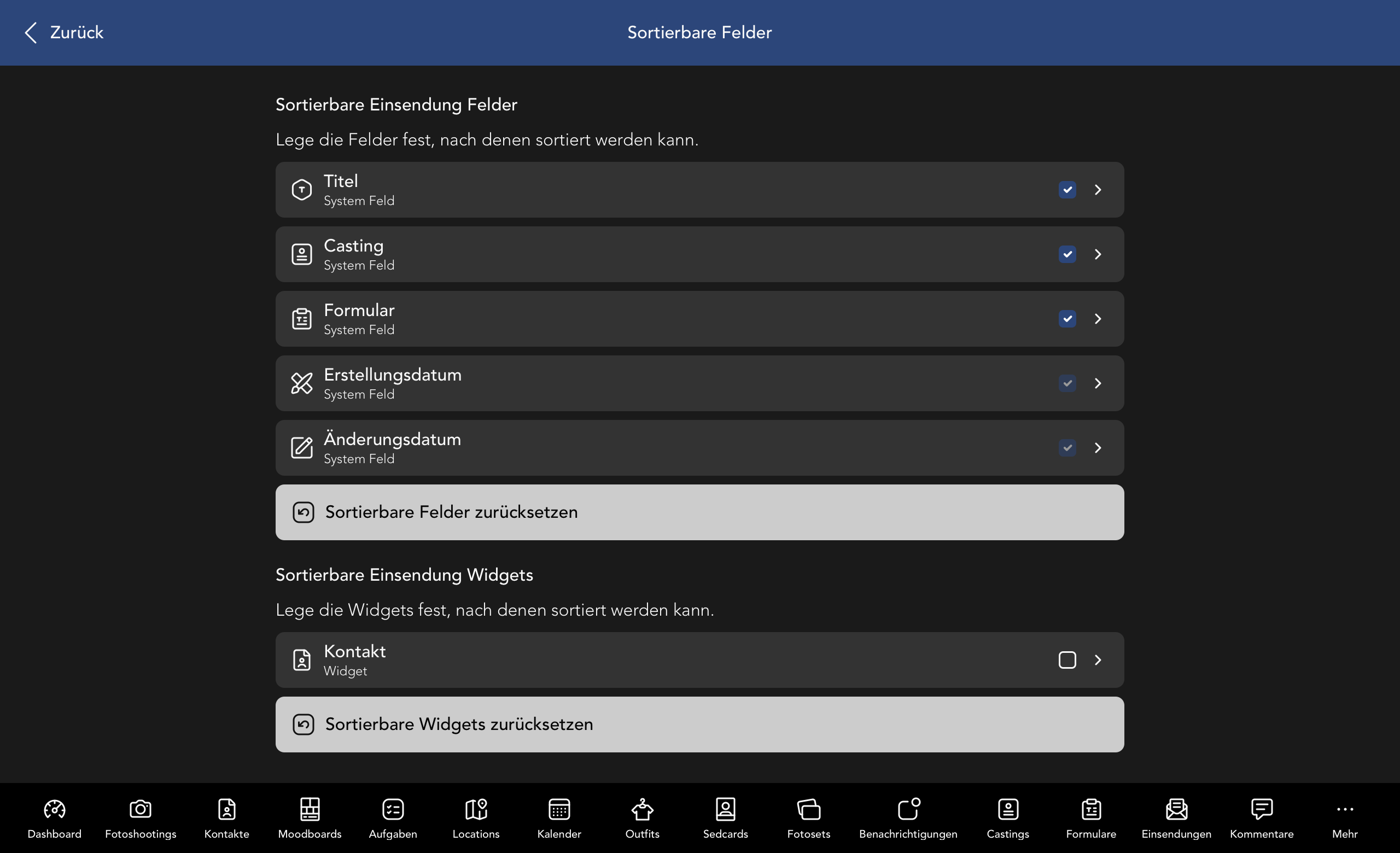 Sortierbare Einsendung Felder und Widgets