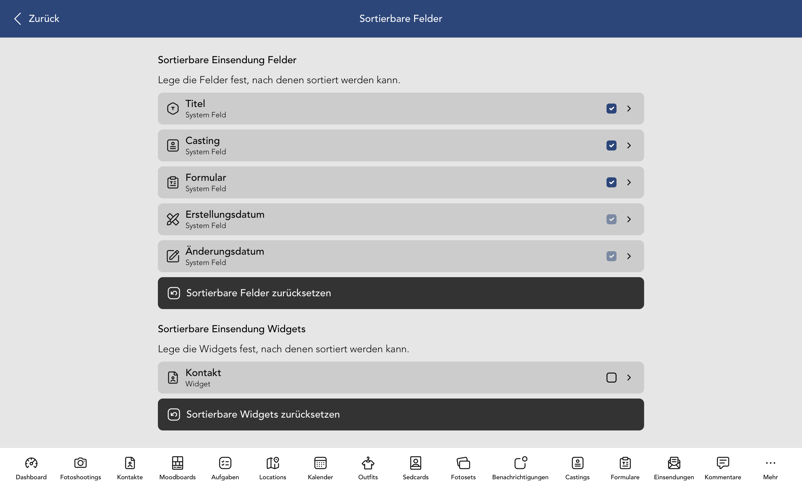 Sortierbare Einsendung Felder und Widgets