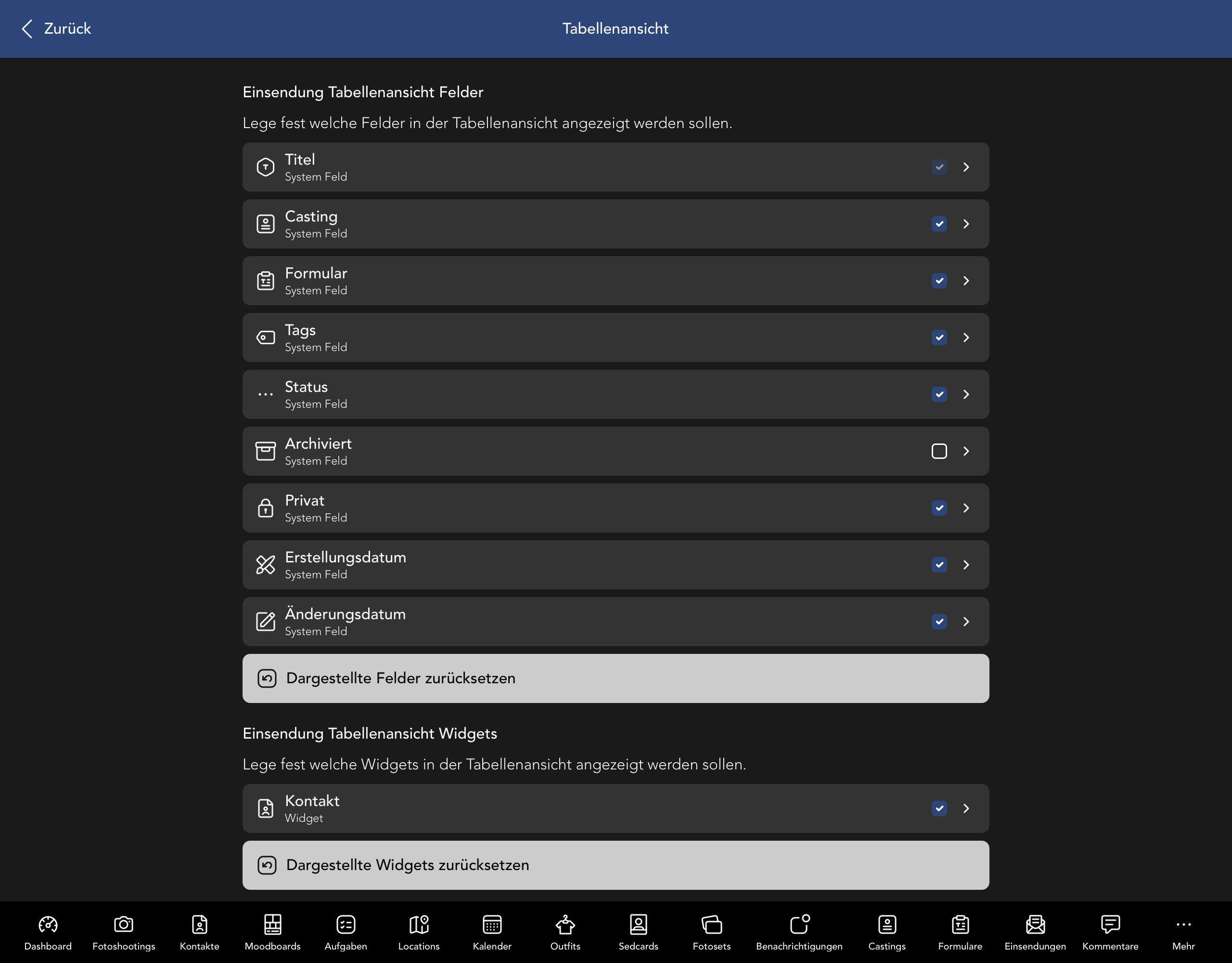 Einsendung Tabellenansicht Felder und Widgets