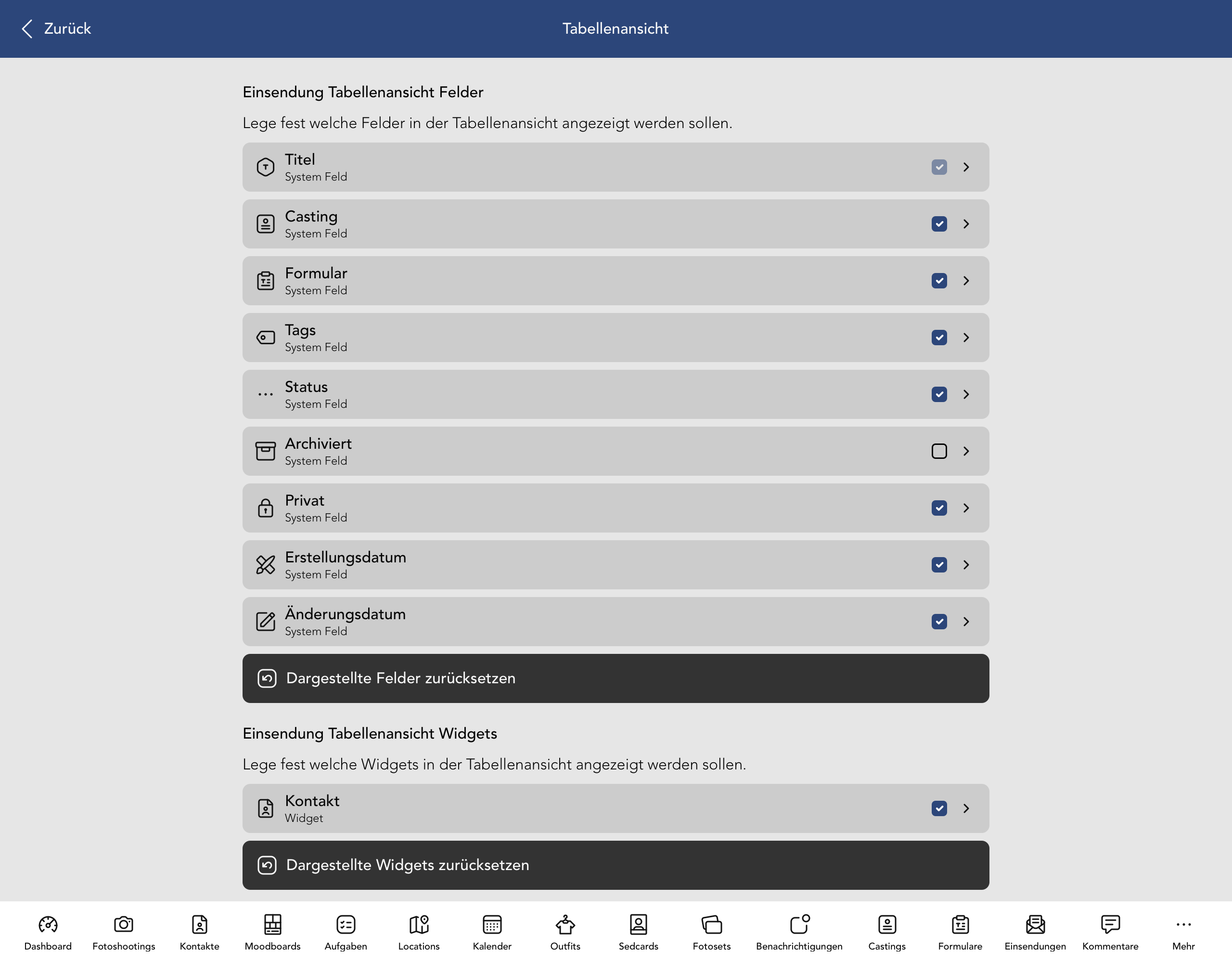 Einsendung Tabellenansicht Felder und Widgets