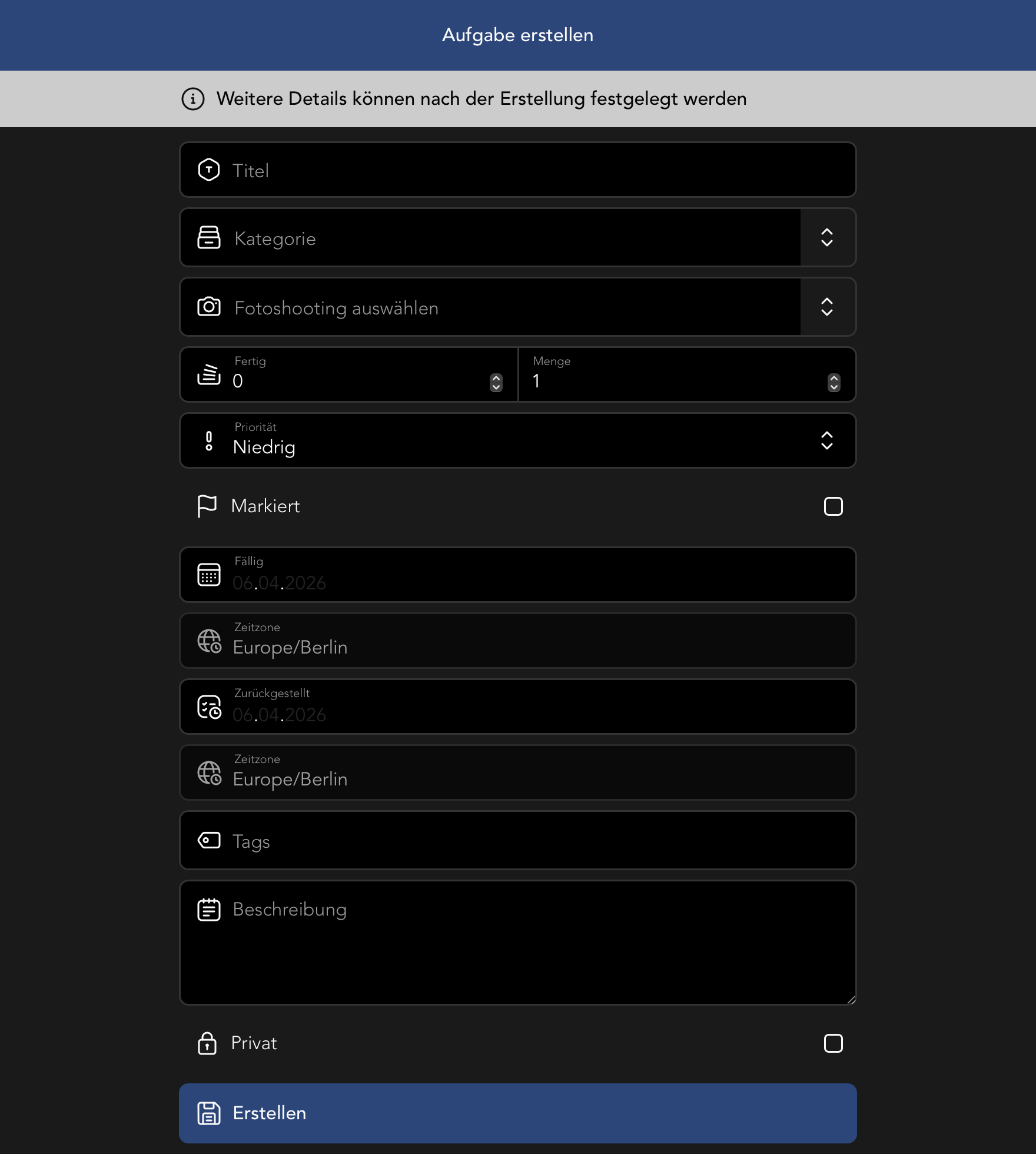 Ansicht zum Erstellen einer neuen Aufgabe