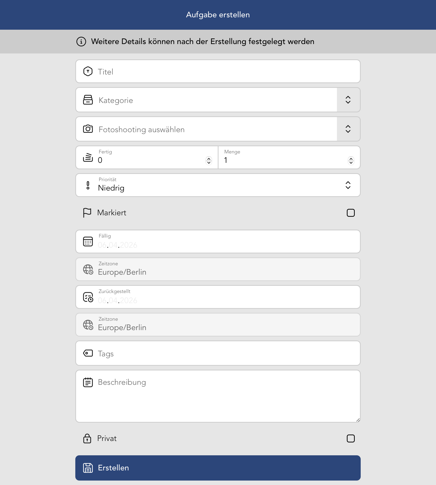 Ansicht zum Erstellen einer neuen Aufgabe