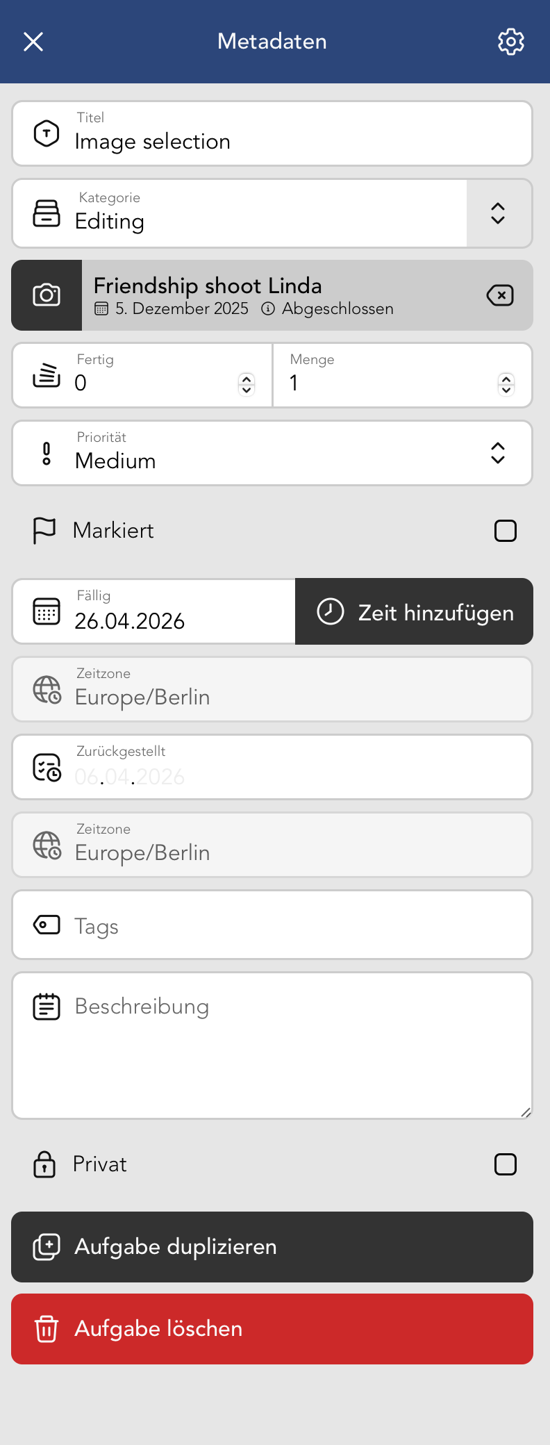 Aufgabe Metadaten Bearbeiten